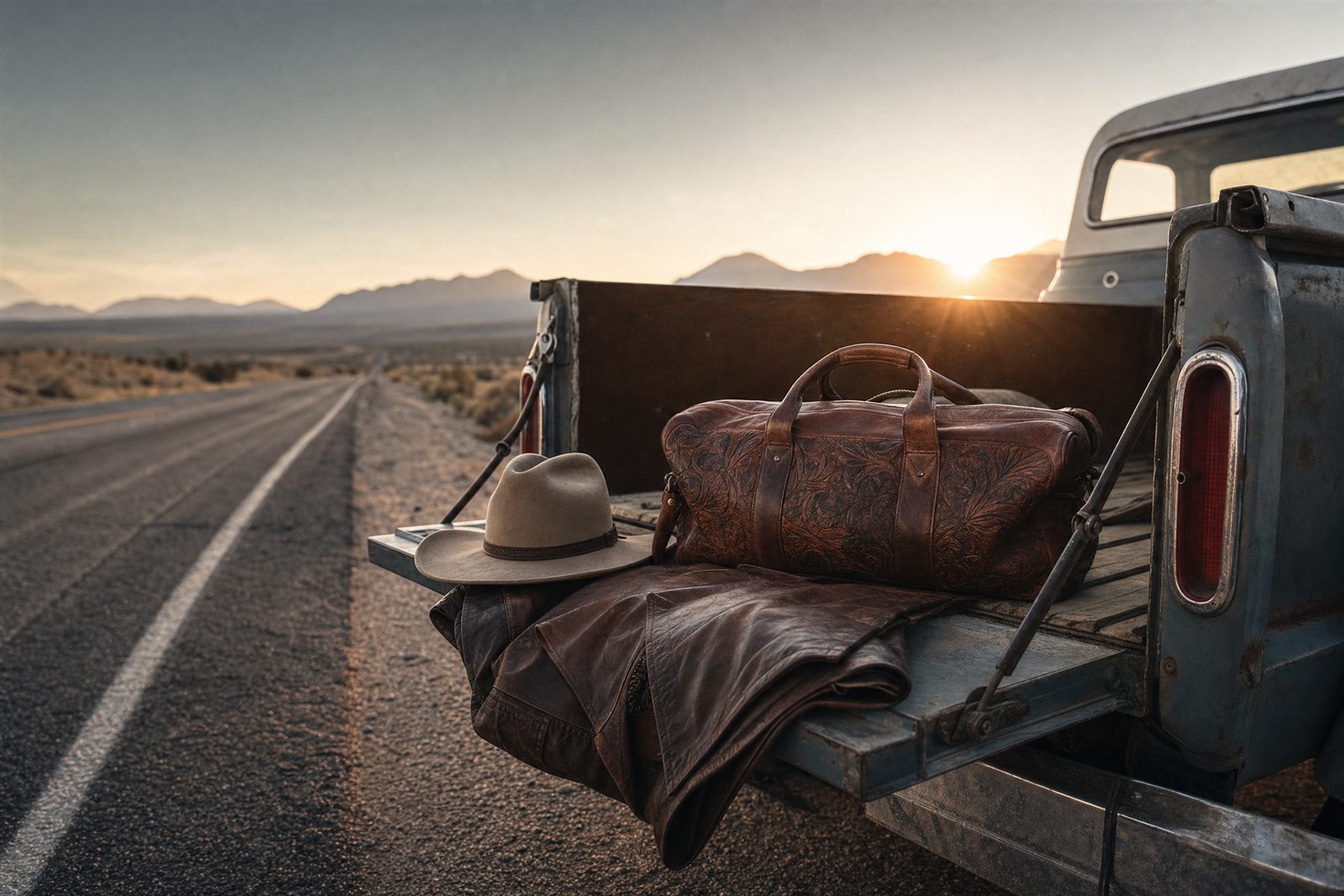A folded leather jacket, felt hat and tooled bag on the tailgate of a vintage truck at dusk