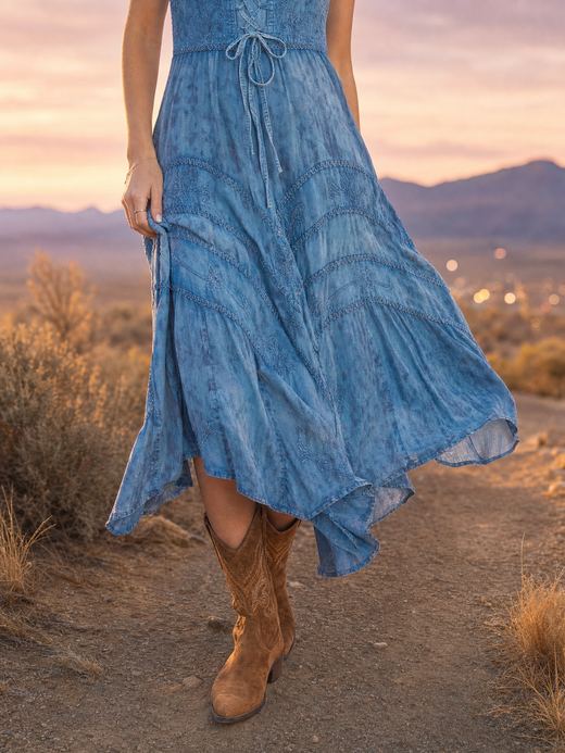 Light Denim Full Length Lace-Up Front Sleeveless Dress by Scully, in the wild