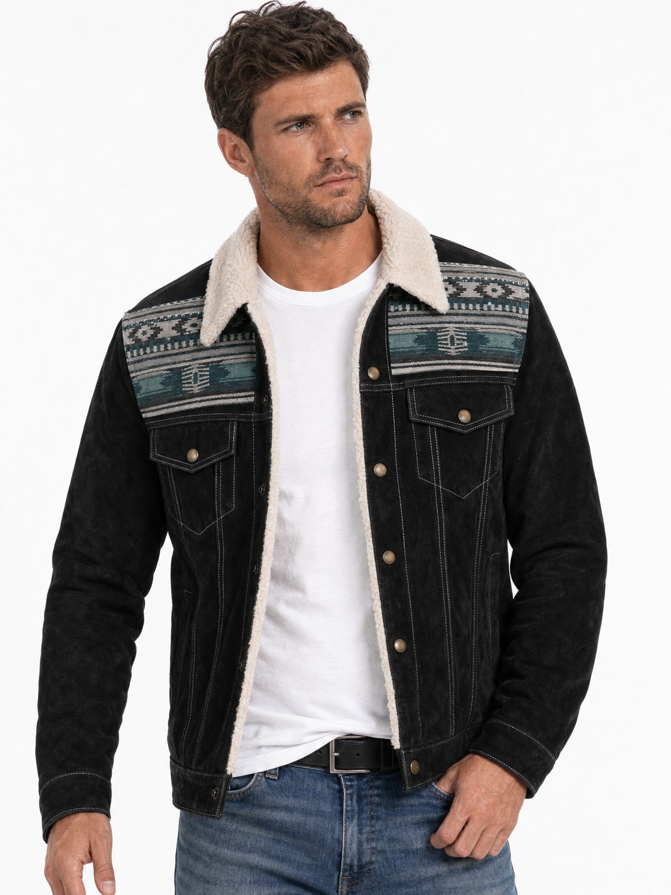 Shearling-Collar Heritage Leather Jacket, Black
