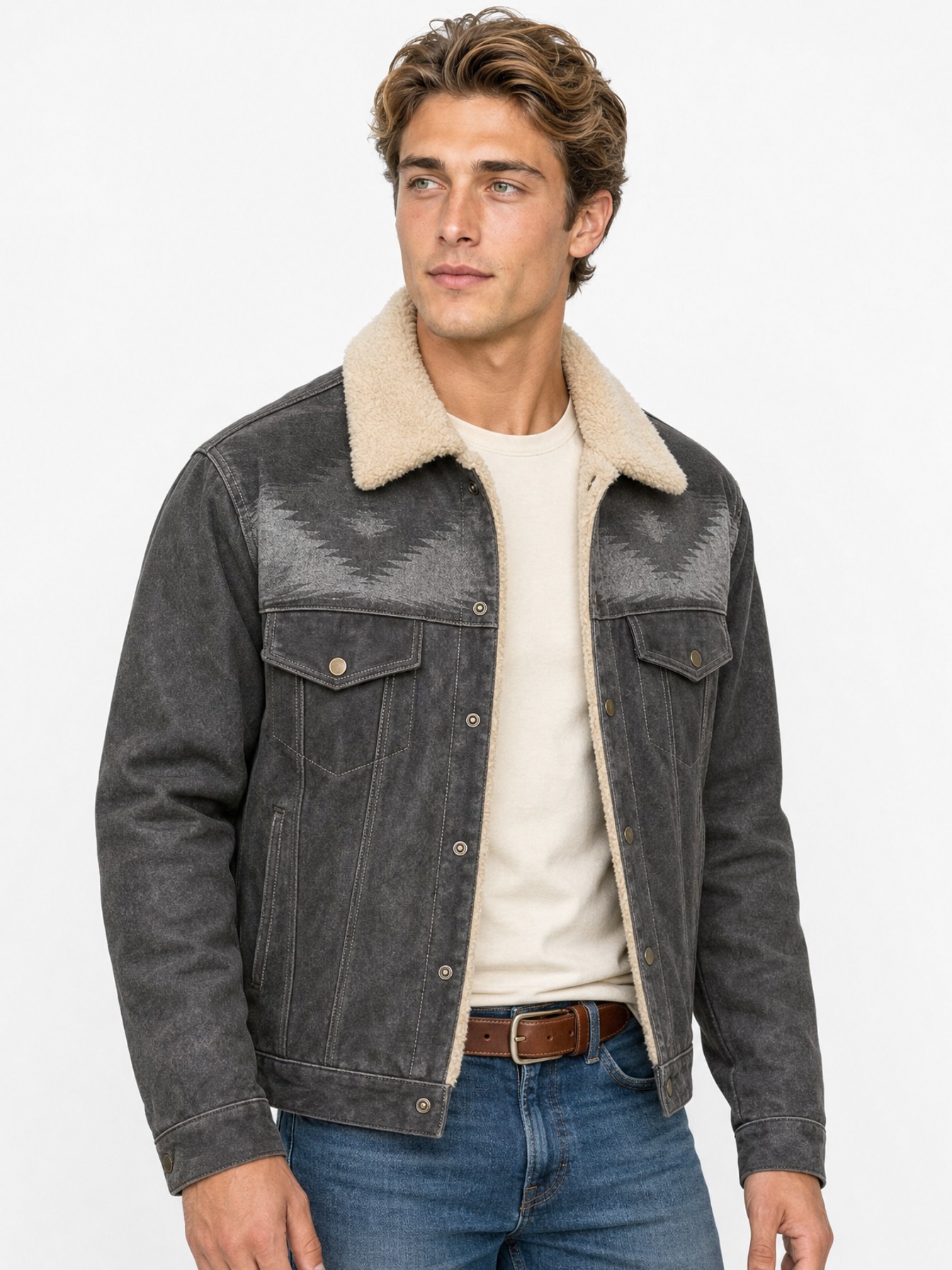 Shearling-Collar Heritage Leather Jacket, Grey