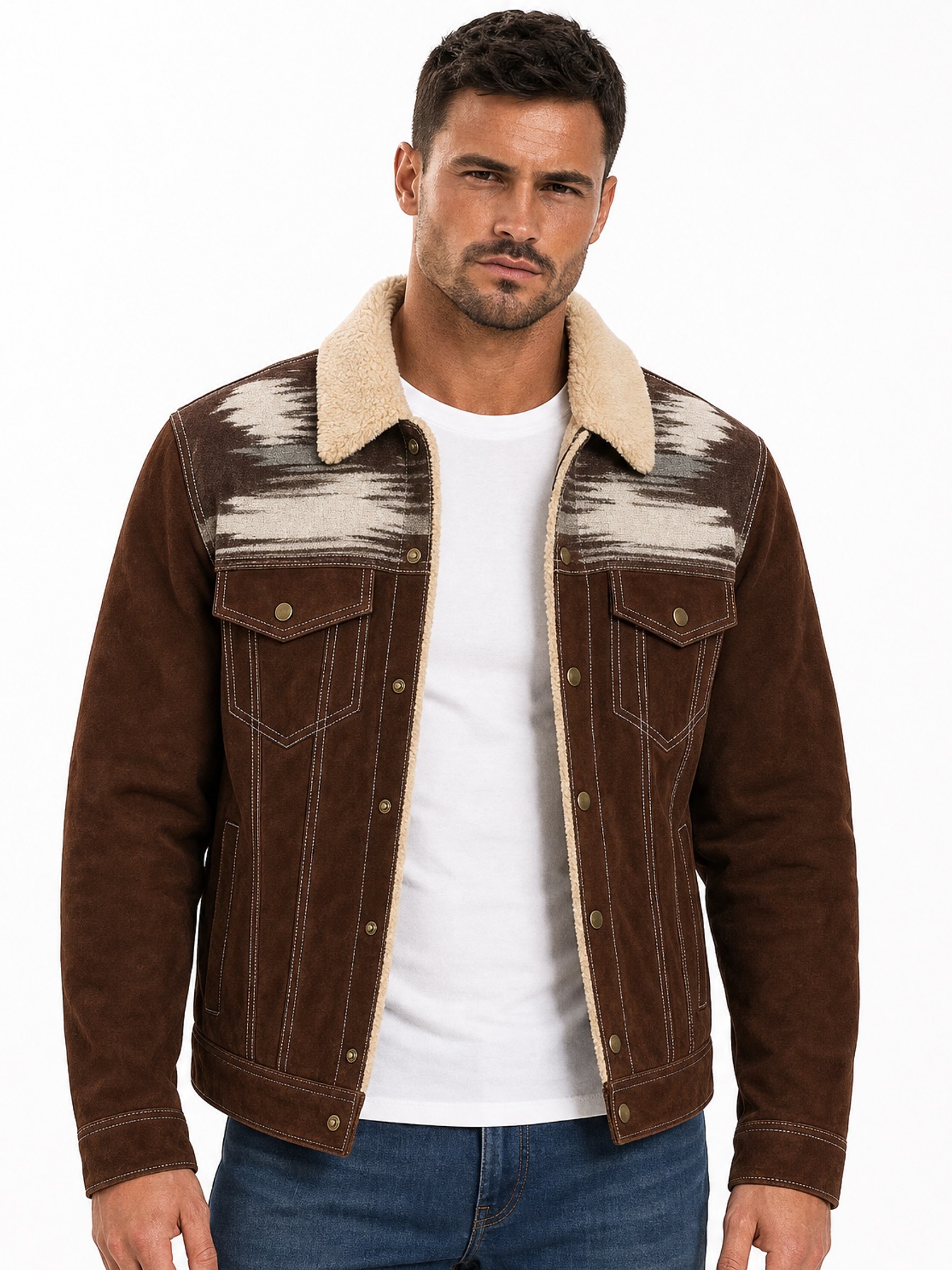 Shearling-Collar Heritage Leather Jacket, Chocolate