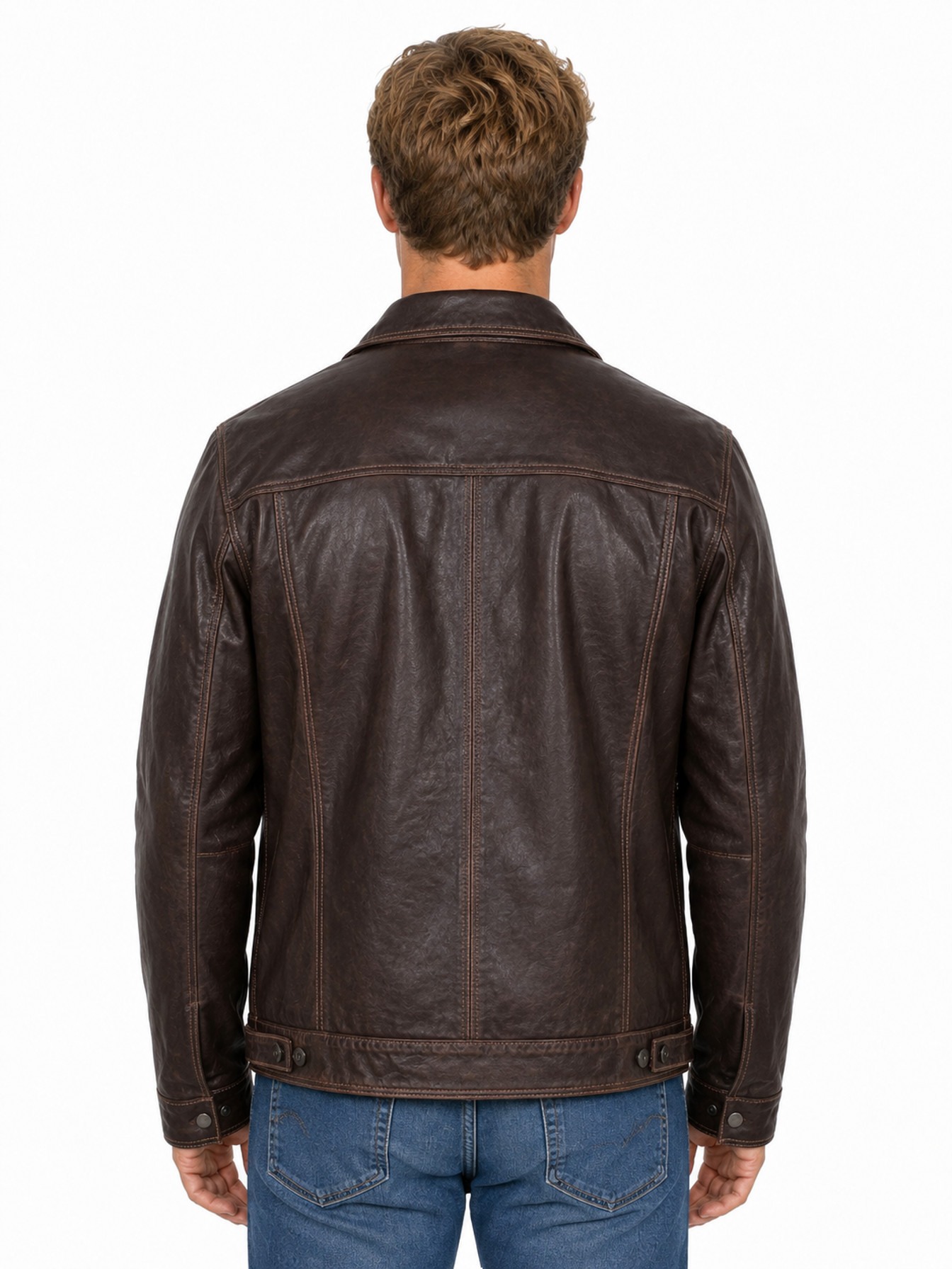 Chocolate Leather Jean Jacket by Scully, back view