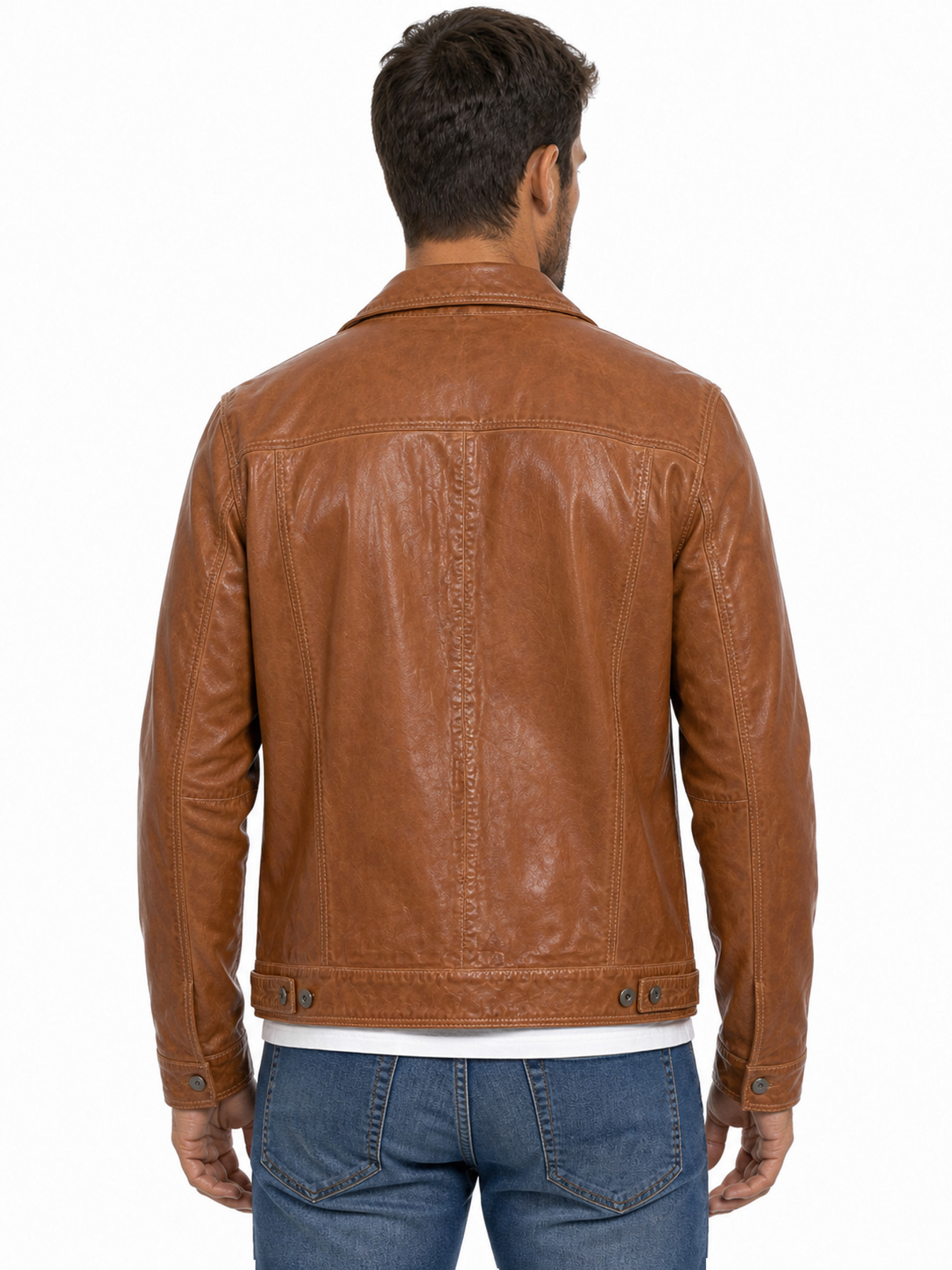Tan Leather Jean Jacket by Scully, back view