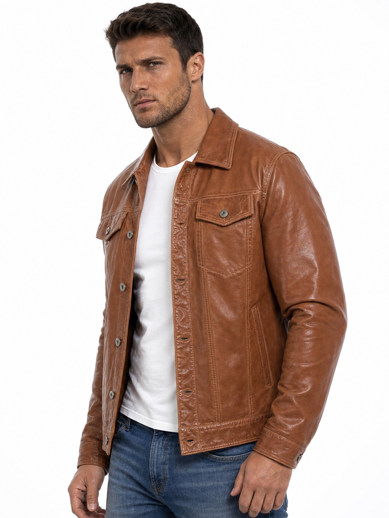 Leather Jean Jacket, Tan