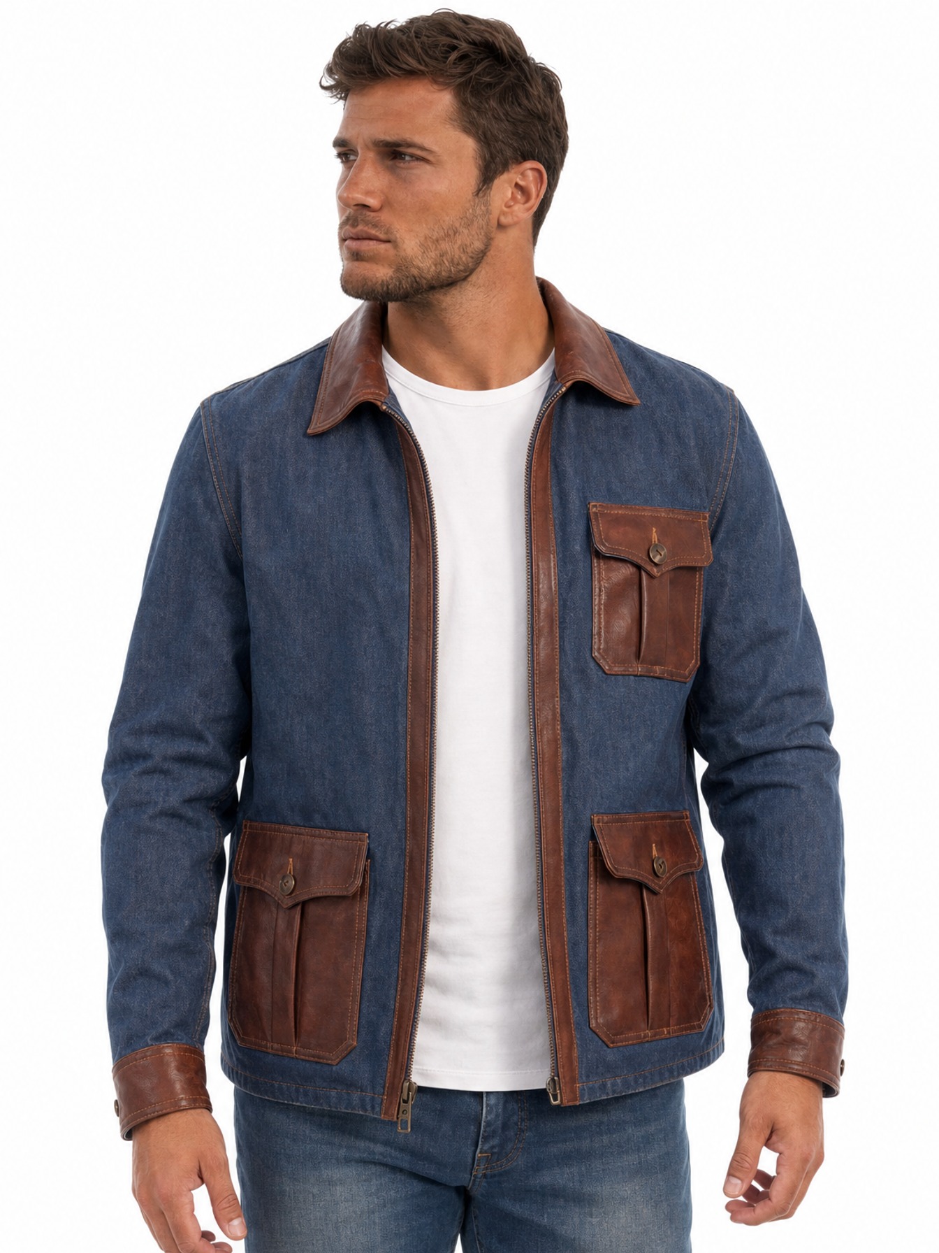 Denim And Leather Trim Jacket, Denim