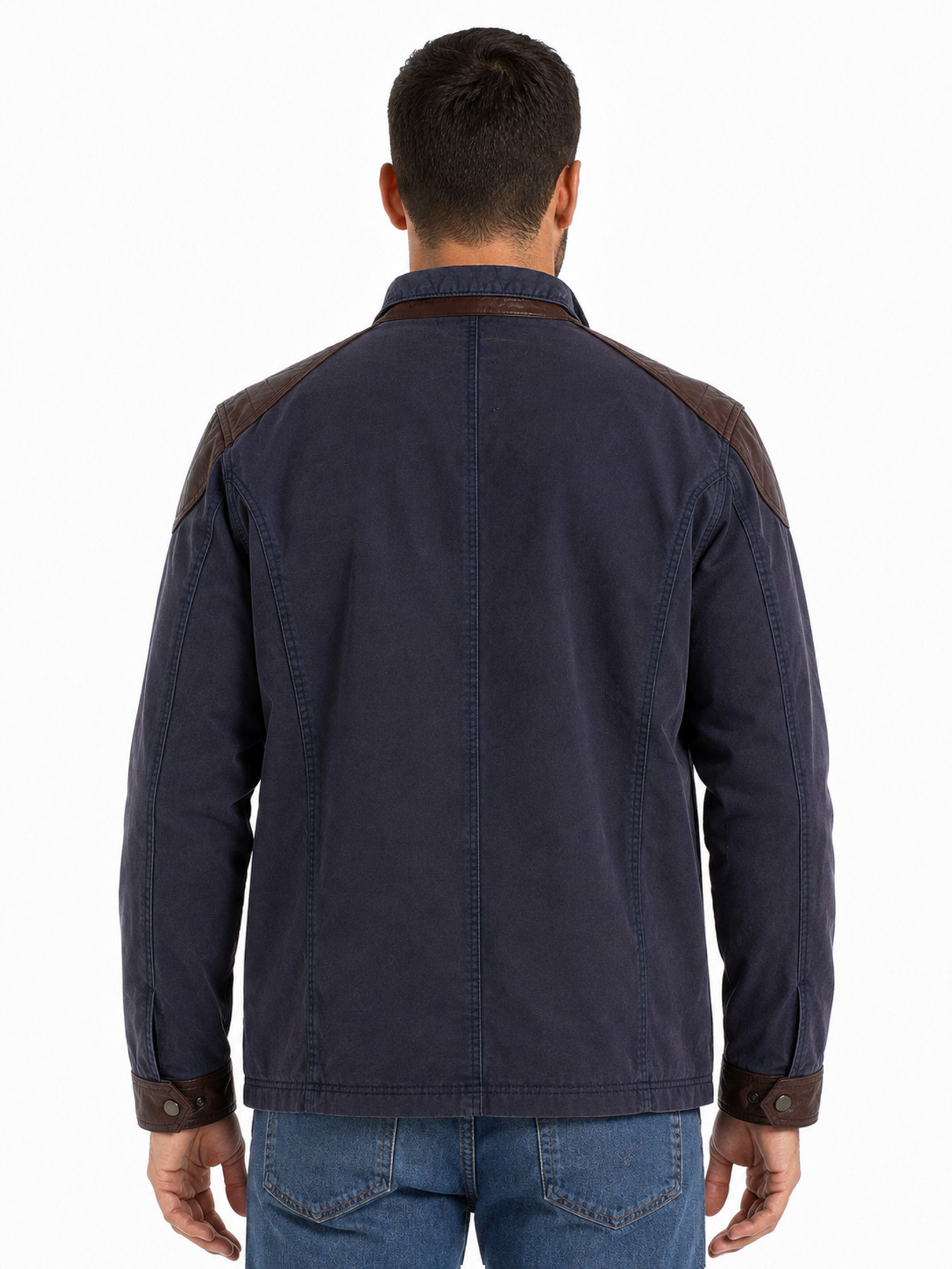 Navy Canvas And Leather Trim Jacket by Scully, back view