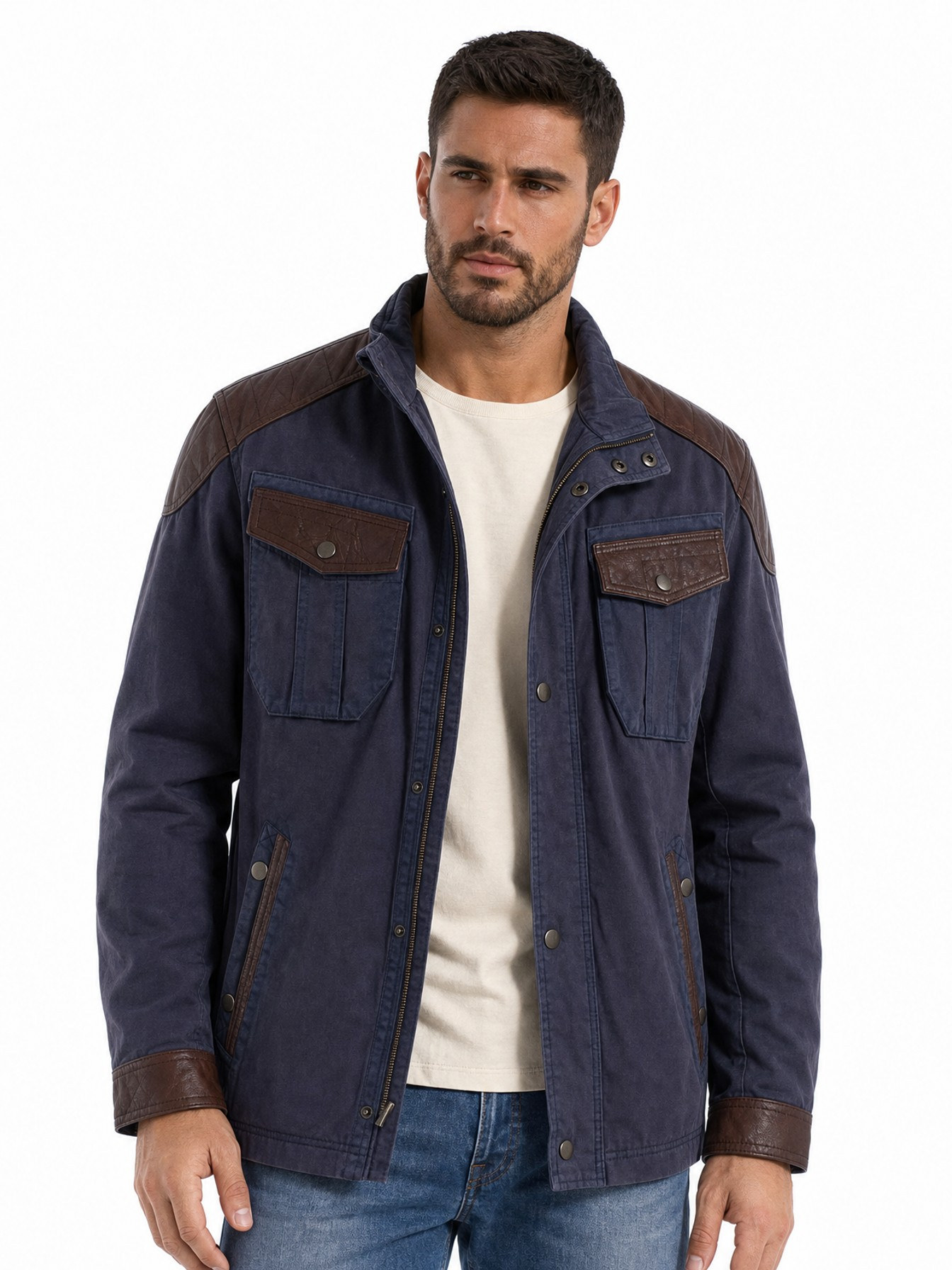 Canvas And Leather Trim Jacket, Navy