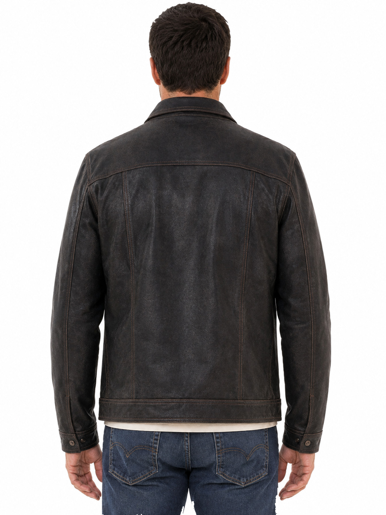 Vintage Black Collared Leather Jacket by Scully, back view