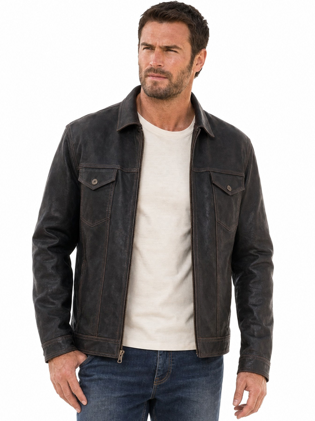 Collared Leather Jacket, Vintage Black
