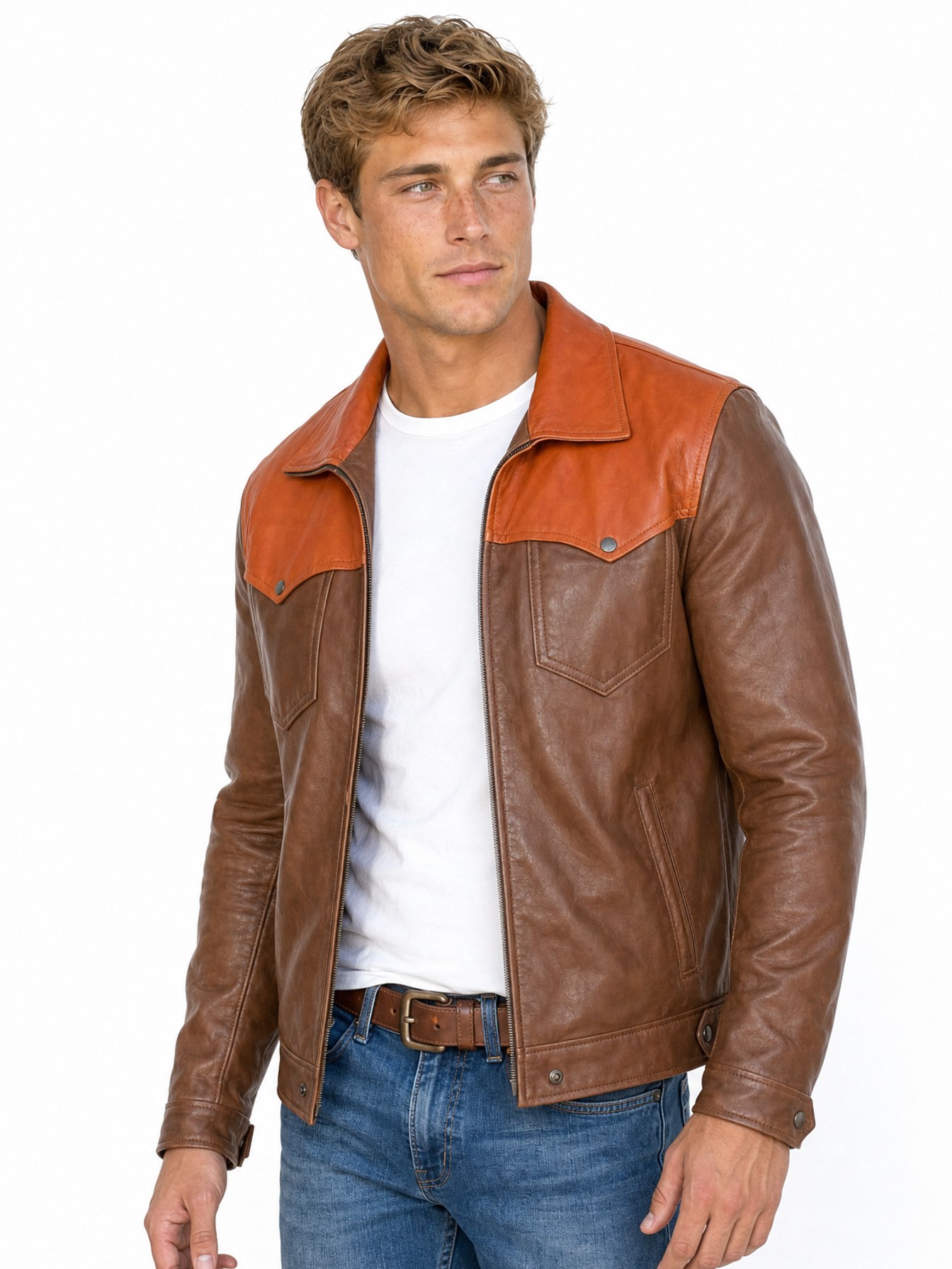 Contrast Leather Jacket, Saddle Tan