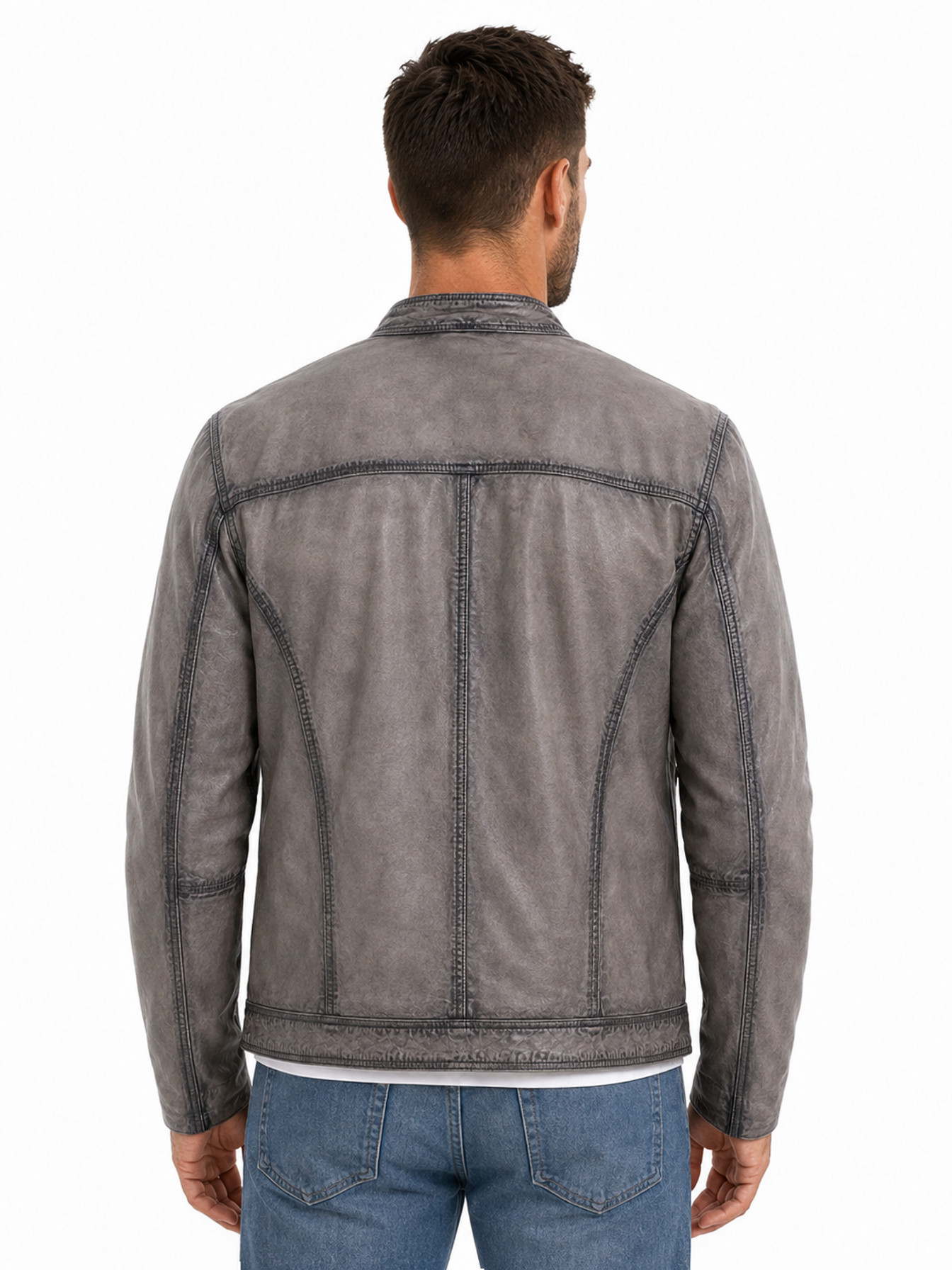 Grey Slim Fit Leather Jacket by Scully, back view