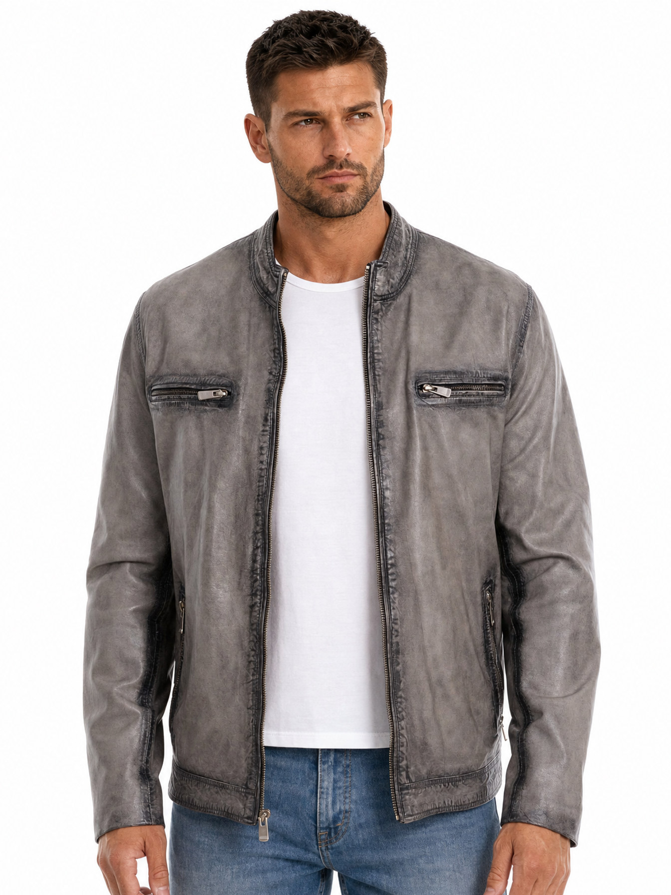 Slim Fit Leather Jacket, Grey