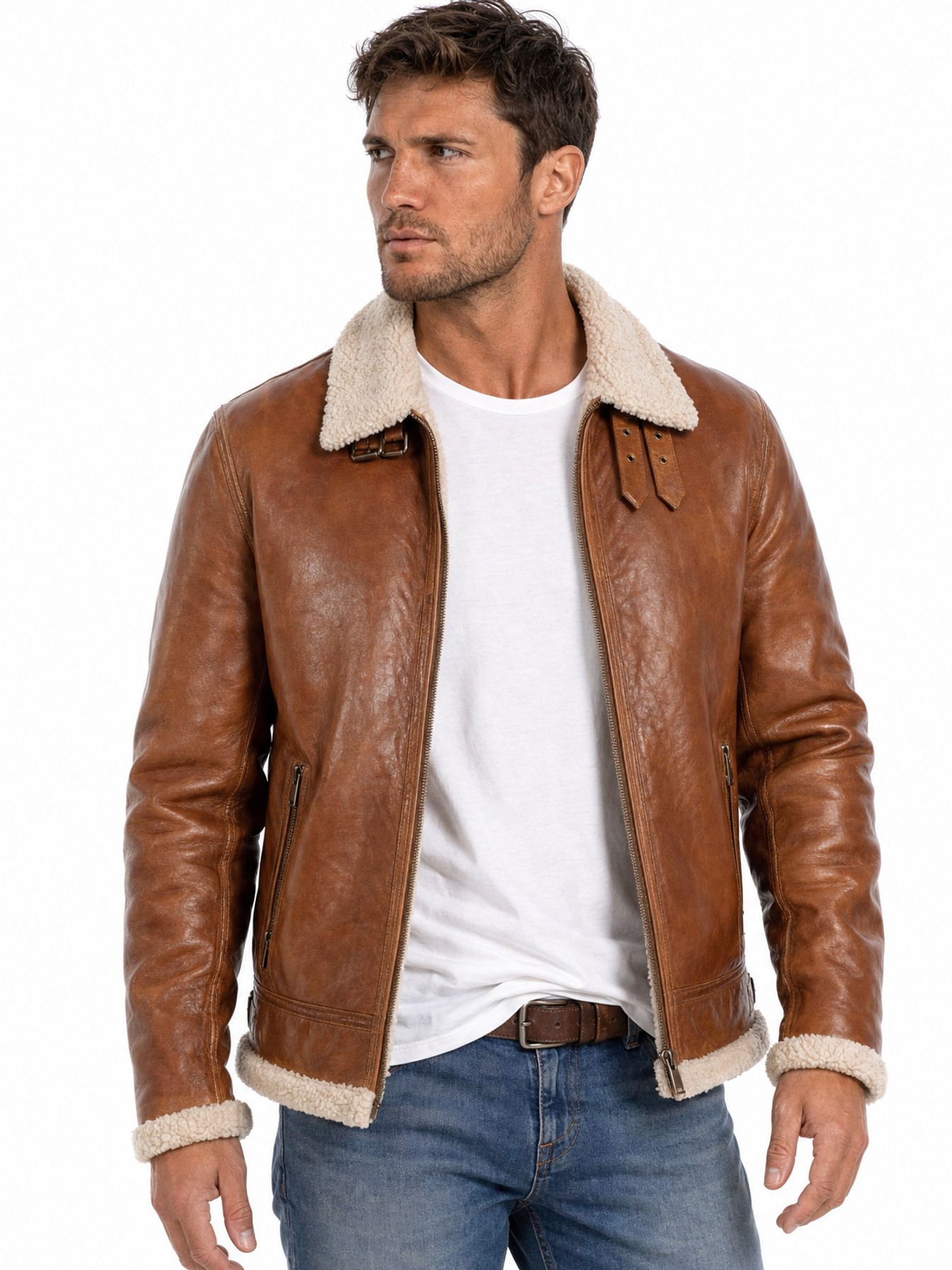 Leather Aviator Jacket, Cognac