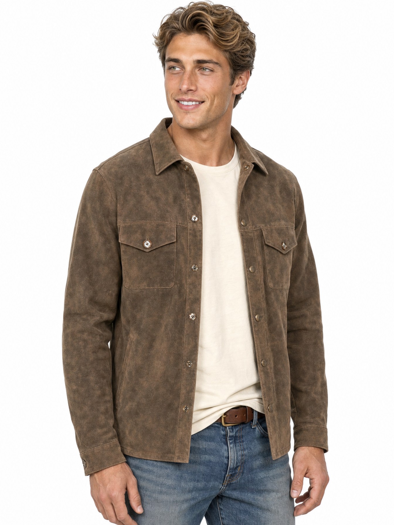 Distressed Taupe Suede Shirt Jacket, Brown