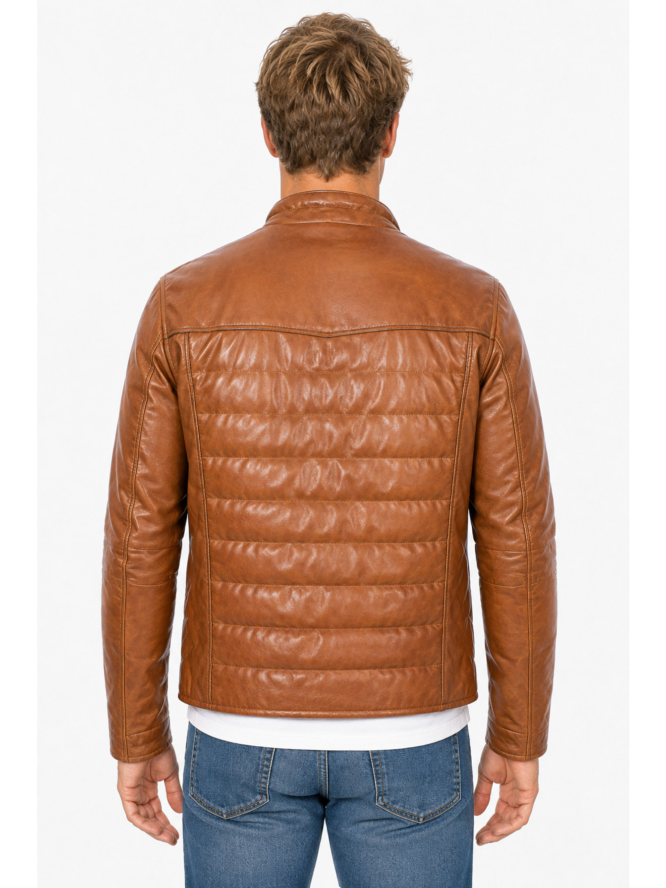 Cognac Soft Lamb Ribbed Western Yoke Leather Jacket by Scully, back view
