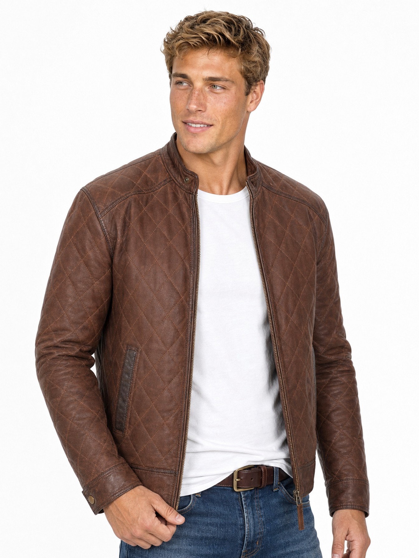 Diamond Quilted Leather Jacket, Vintage Brown