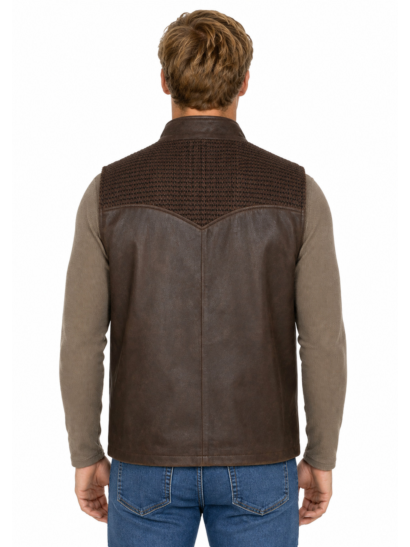 Brown Woven Western Yoke Leather Vest by Scully, back view