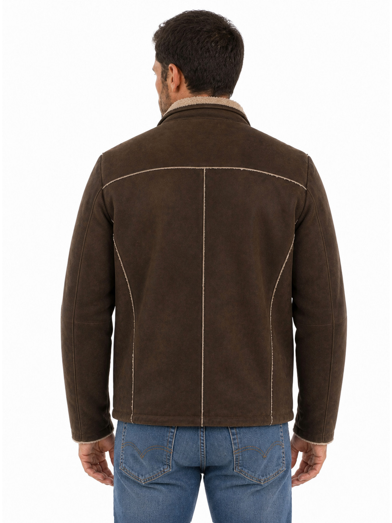Brown Lamb Suede Sherpa-Lined Leather Jacket by Scully, back view