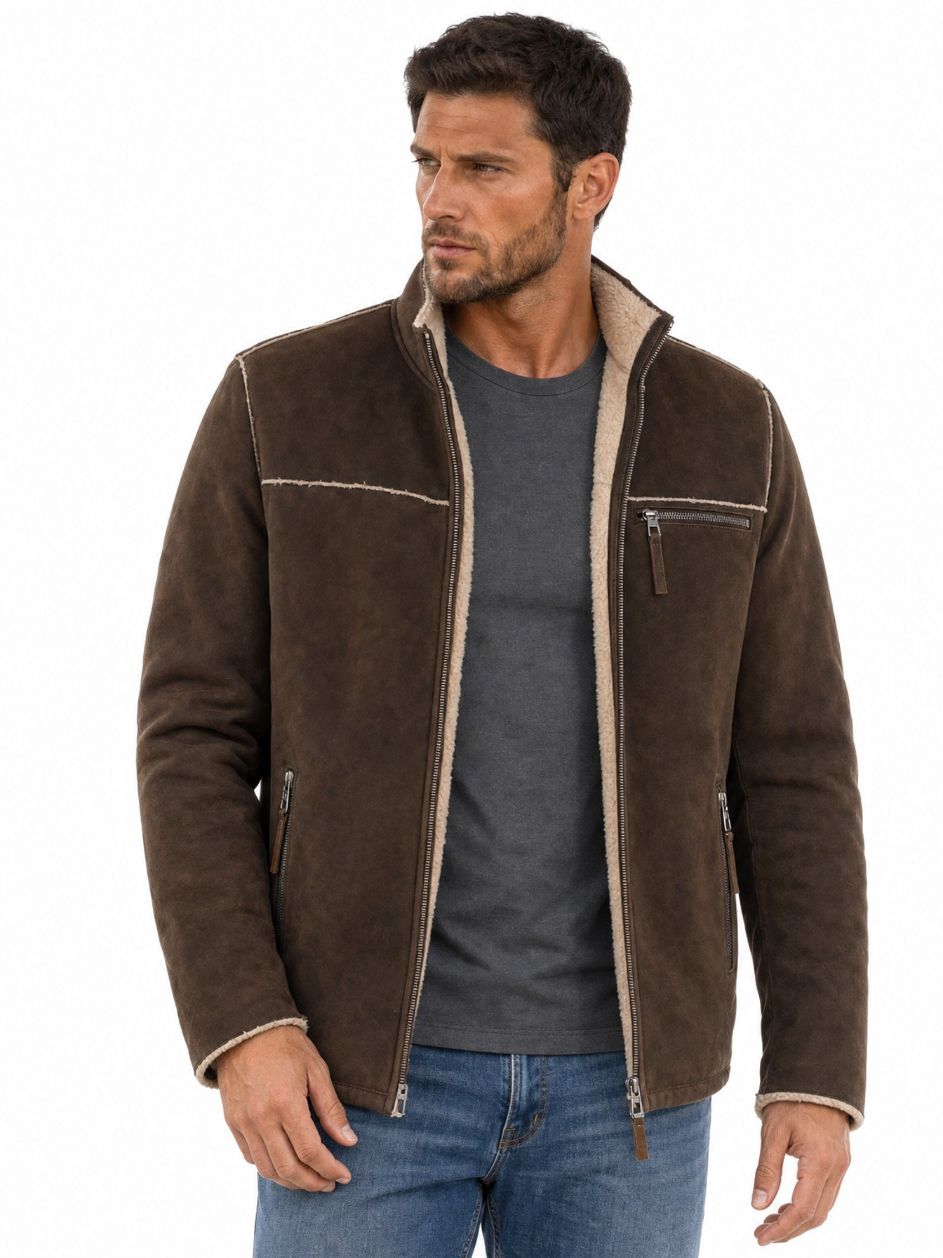 Shearling-Lined Leather Jacket, Brown Lamb Suede