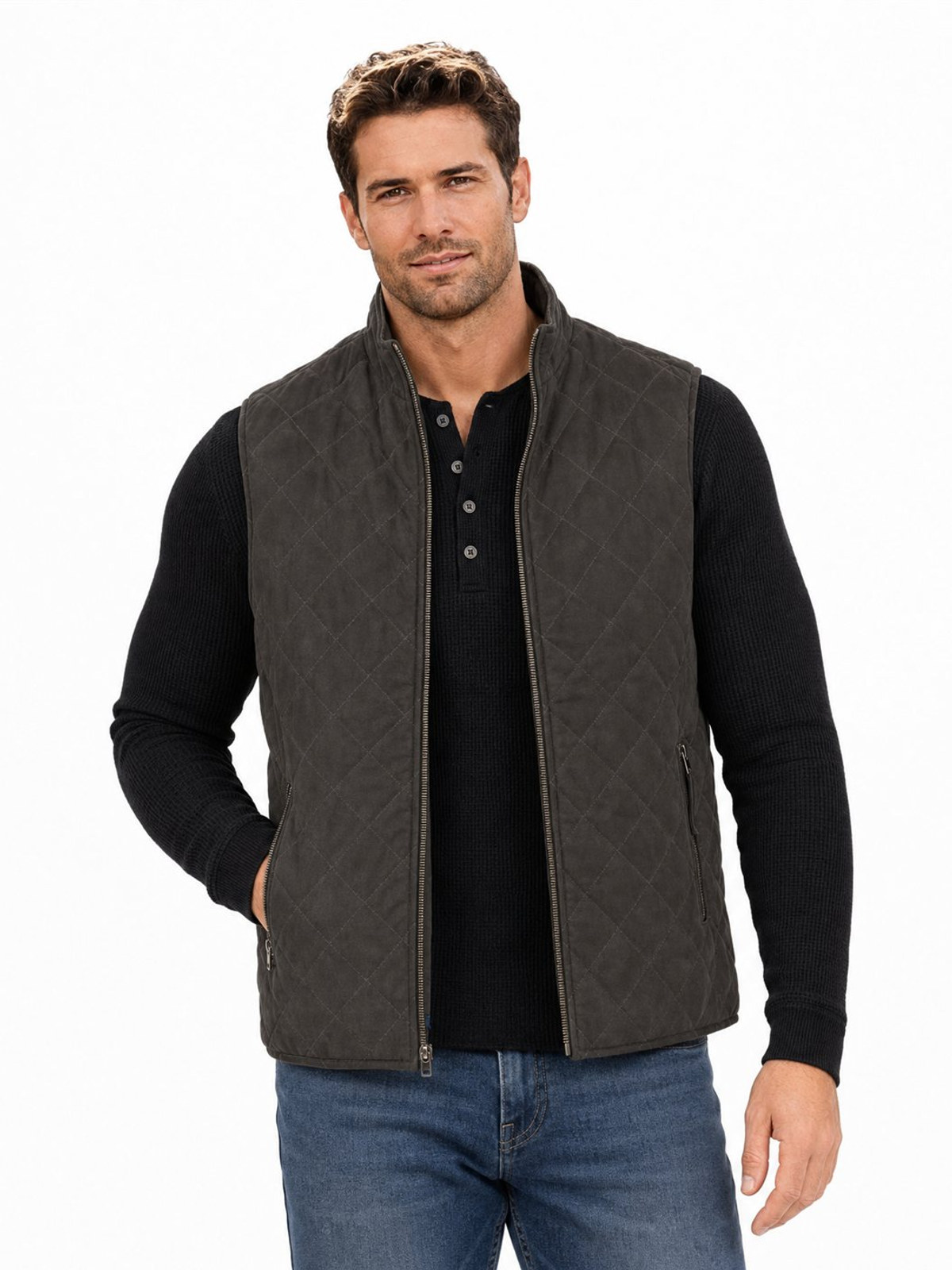 Quilted Leather Vest, Charcoal