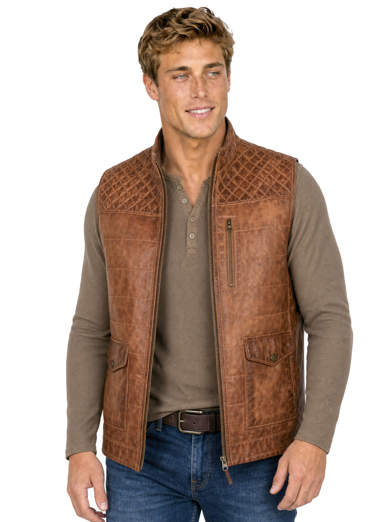 Saddle Tan Leather Quilted Yoke Vest by Scully