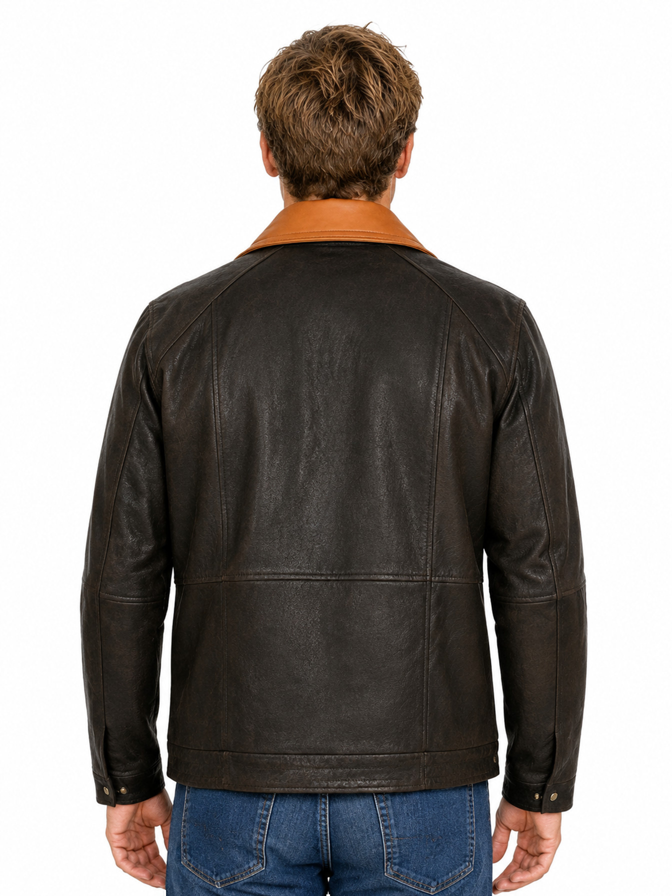 Black With Brown Trim Heritage Leather Jacket by Scully, back view