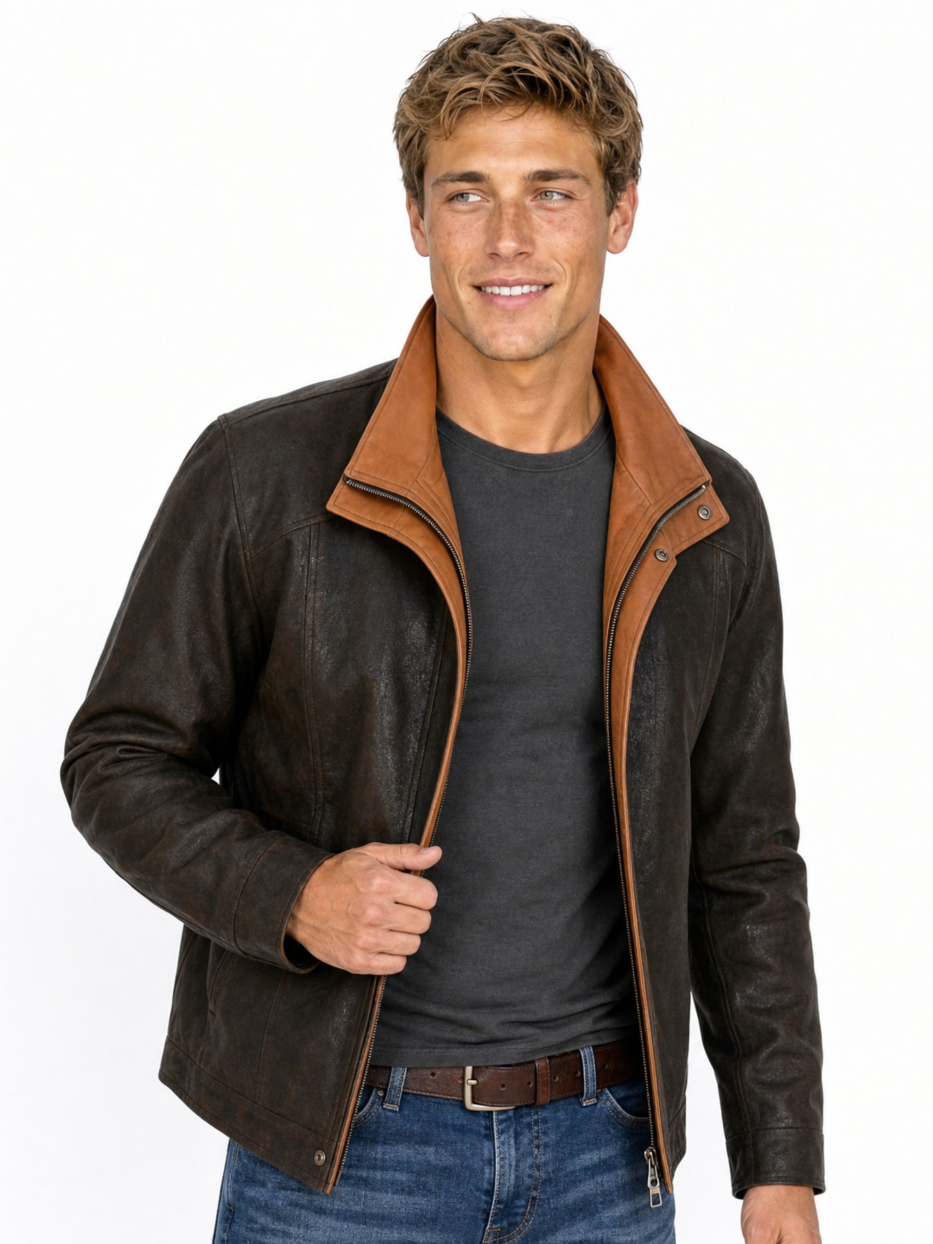 Heritage Leather Jacket, Black With Brown Trim