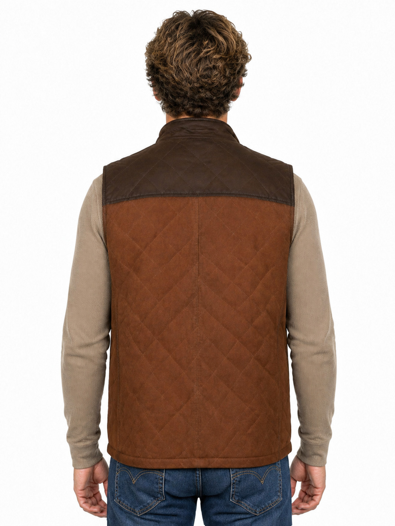 Brown Quilted Leather Yoke Snap Front Suede Vest by Scully, back view