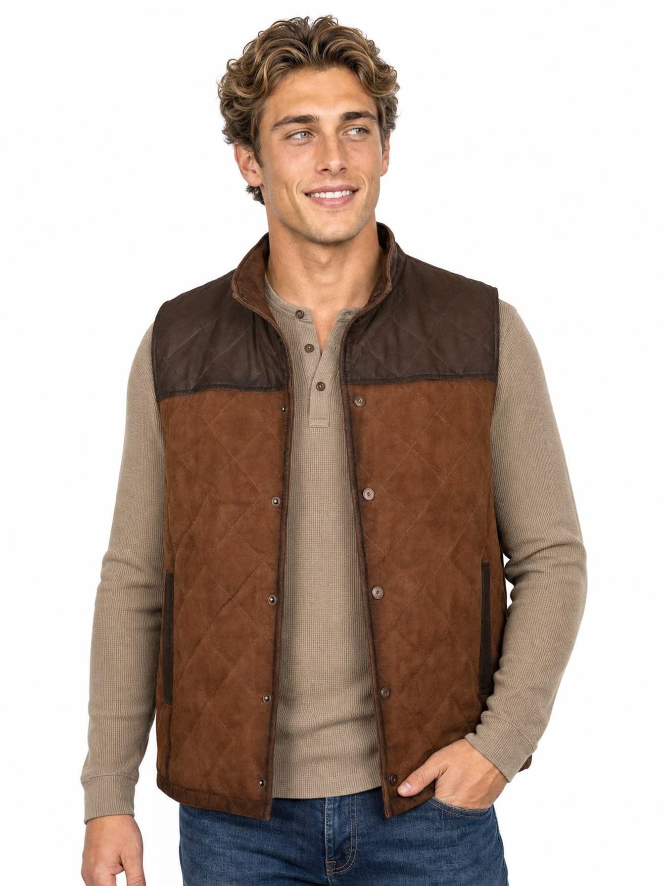Heritage Quilted Leather Snap Front Vest, Brown