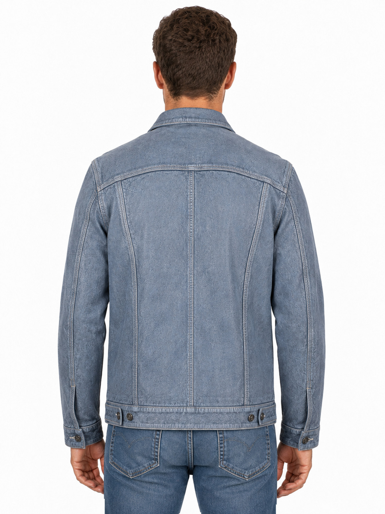 Slate Blue Stone-Wash Leather Trucker Jacket by Scully, back view