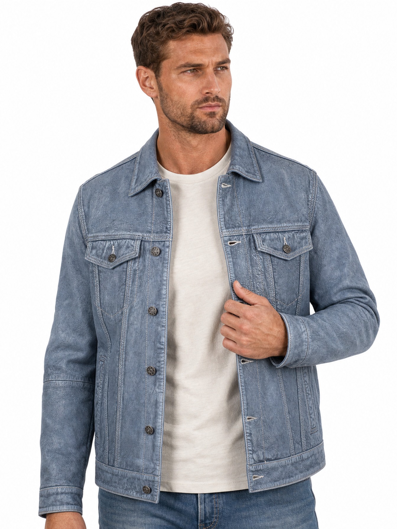 Stone-Wash Leather Trucker Jacket, Slate Blue