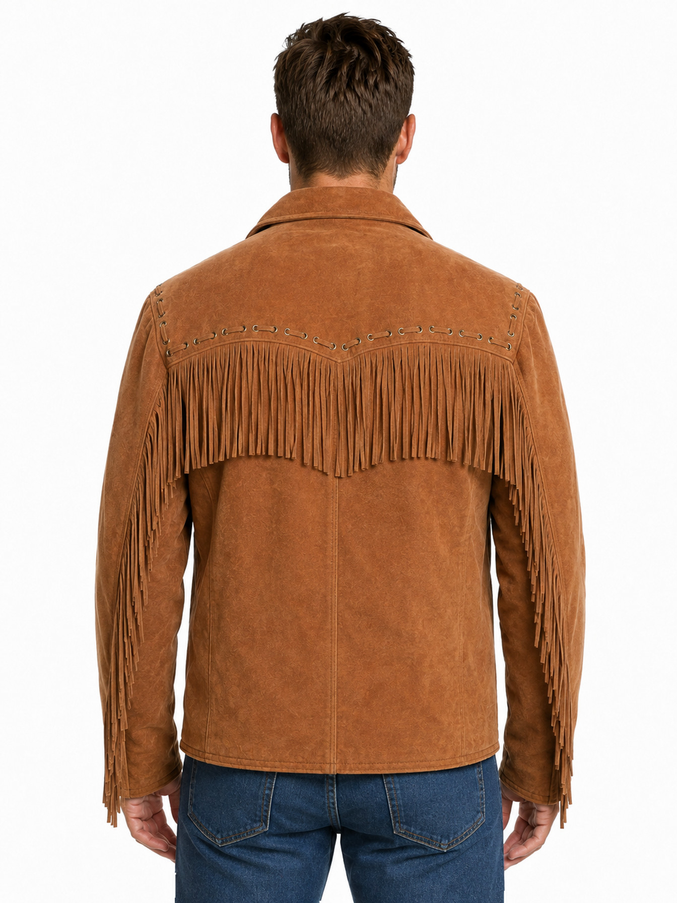 Bourbon Boar Suede Boar Suede Fringe Jacket by Scully, back view