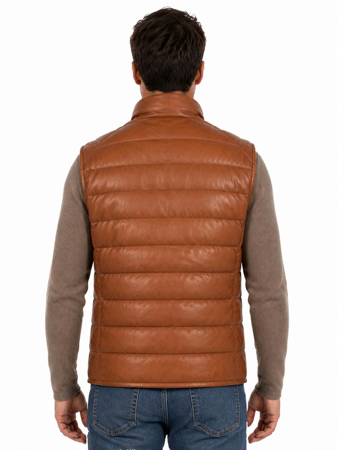 Cognac Soft Lamb Ribbed Leather Puffer Vest by Scully, back view