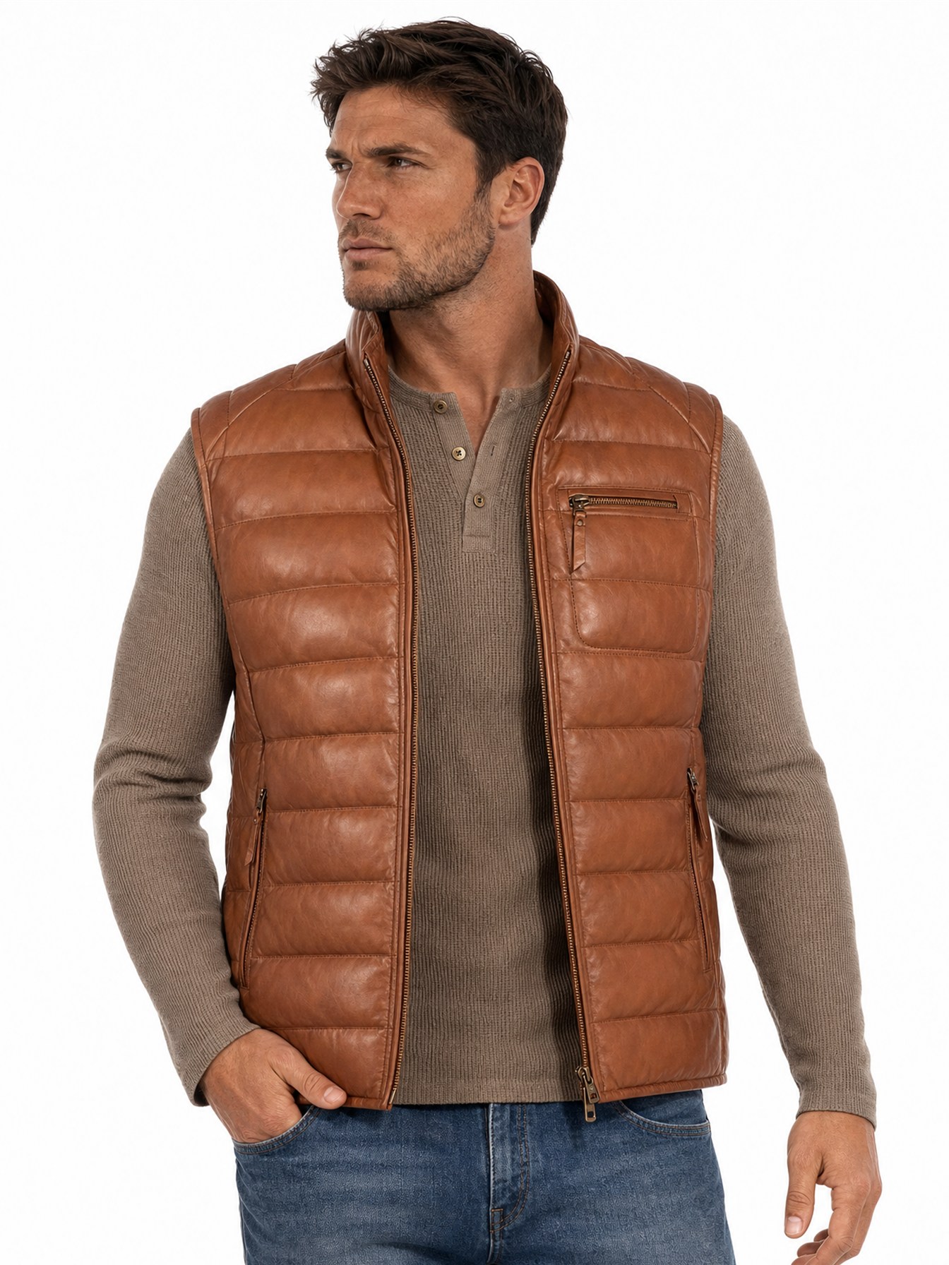 Color-Block Quilted Puffer Vest, Cognac Soft Lamb