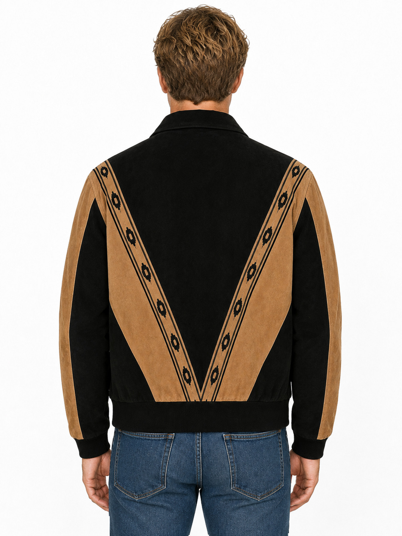 Black With Cafe Brown Trim Boar Suede Two-Toned Boar Suede Rodeo Jacket by Scully, back view