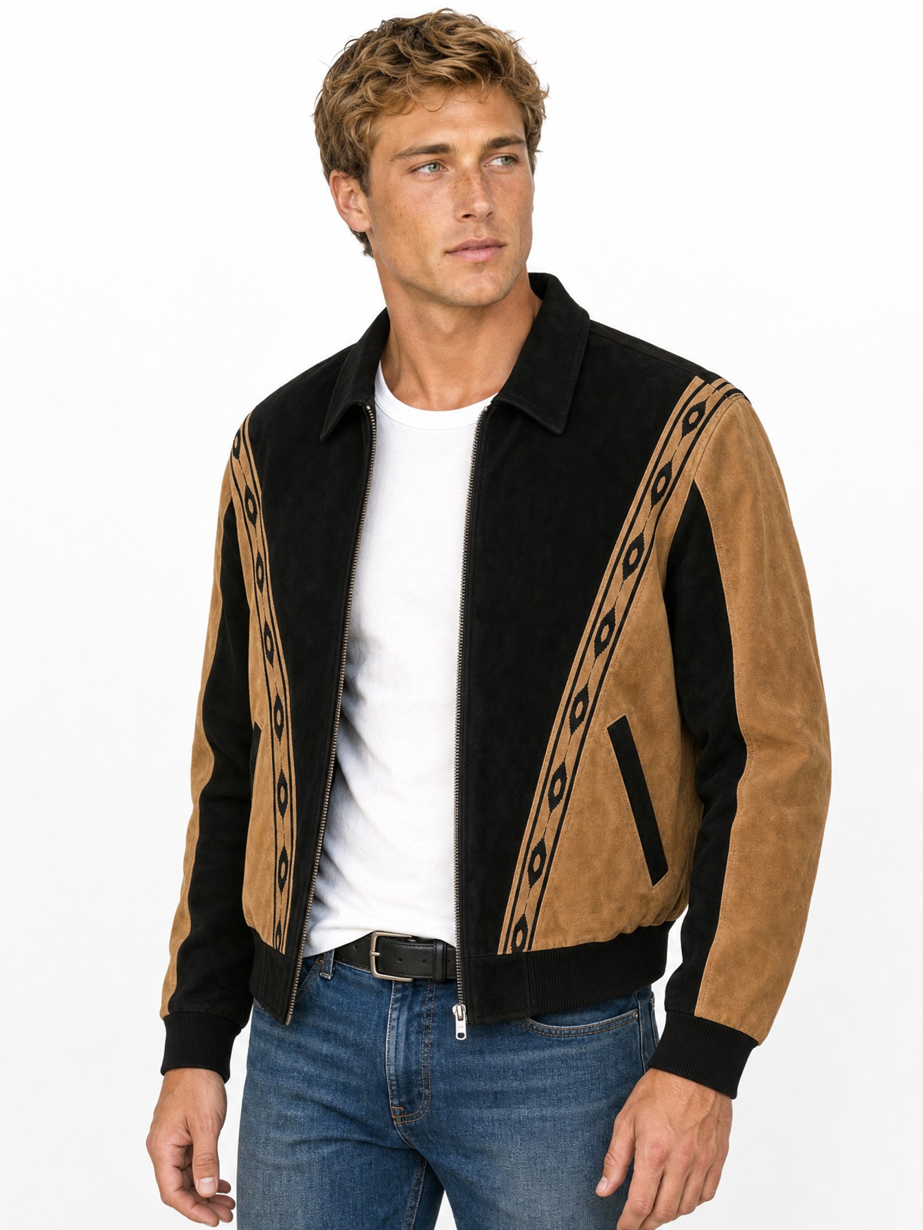 Two-Toned Boar Suede Rodeo Jacket, Black With Cafe Brown Trim Boar Suede
