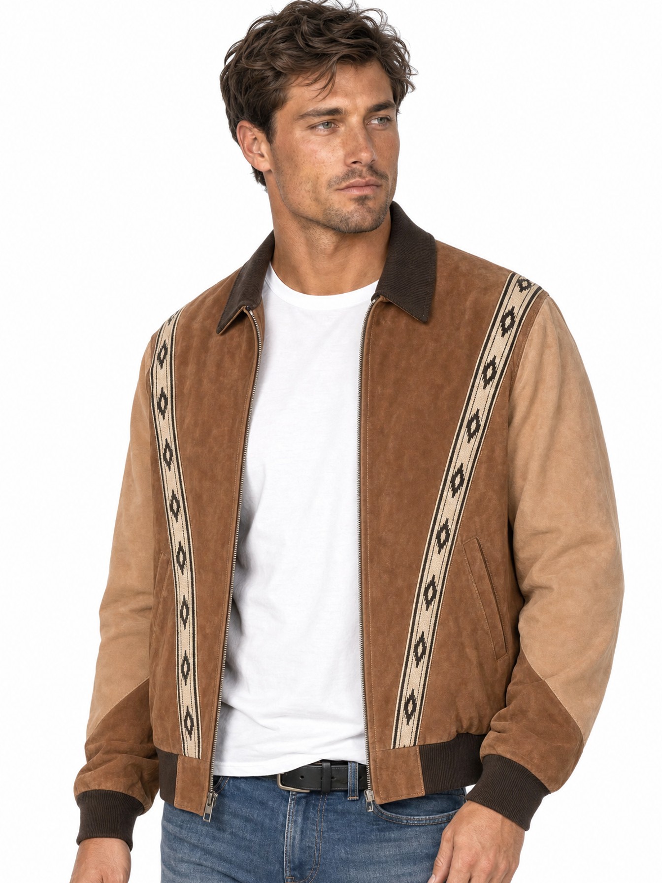 Two-Toned Boar Suede Rodeo Jacket, Cafe Brown/Camel