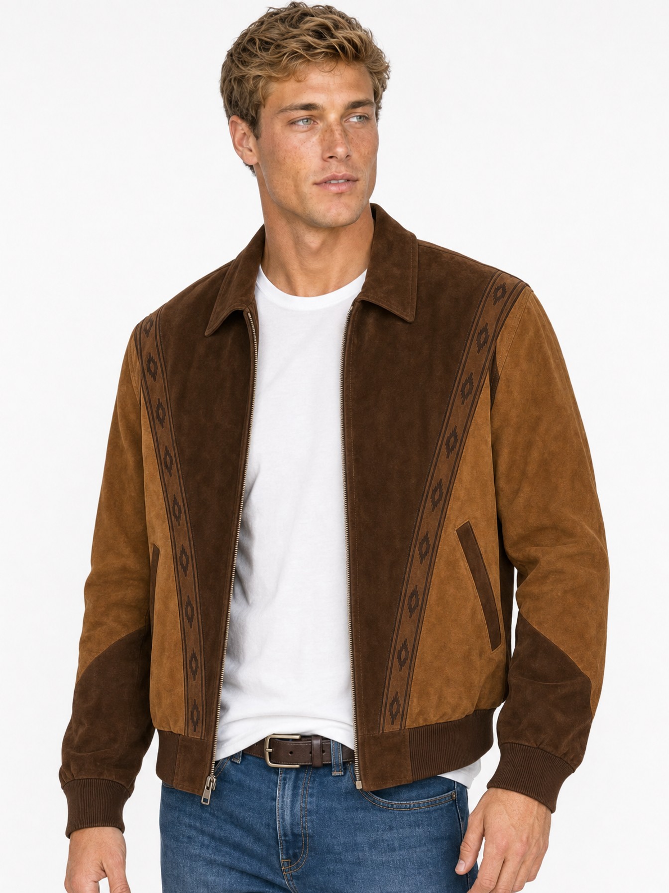 Two-Toned Boar Suede Rodeo Jacket, Chocolate With Cafe Brown