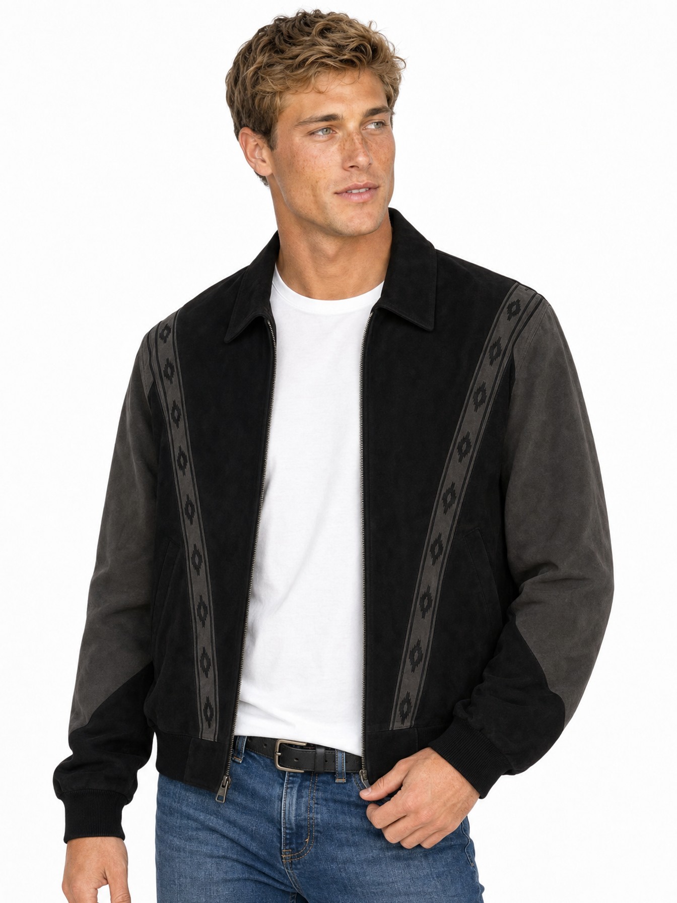 Two-Toned Boar Suede Rodeo Jacket, Black With Dk Grey