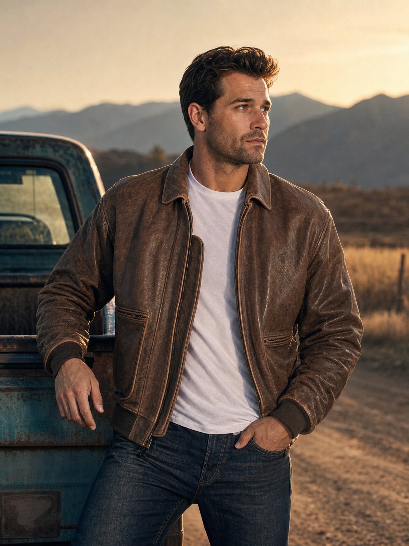 Model wearing the B-2 bomber jacket at dusk beside a vintage pickup truck