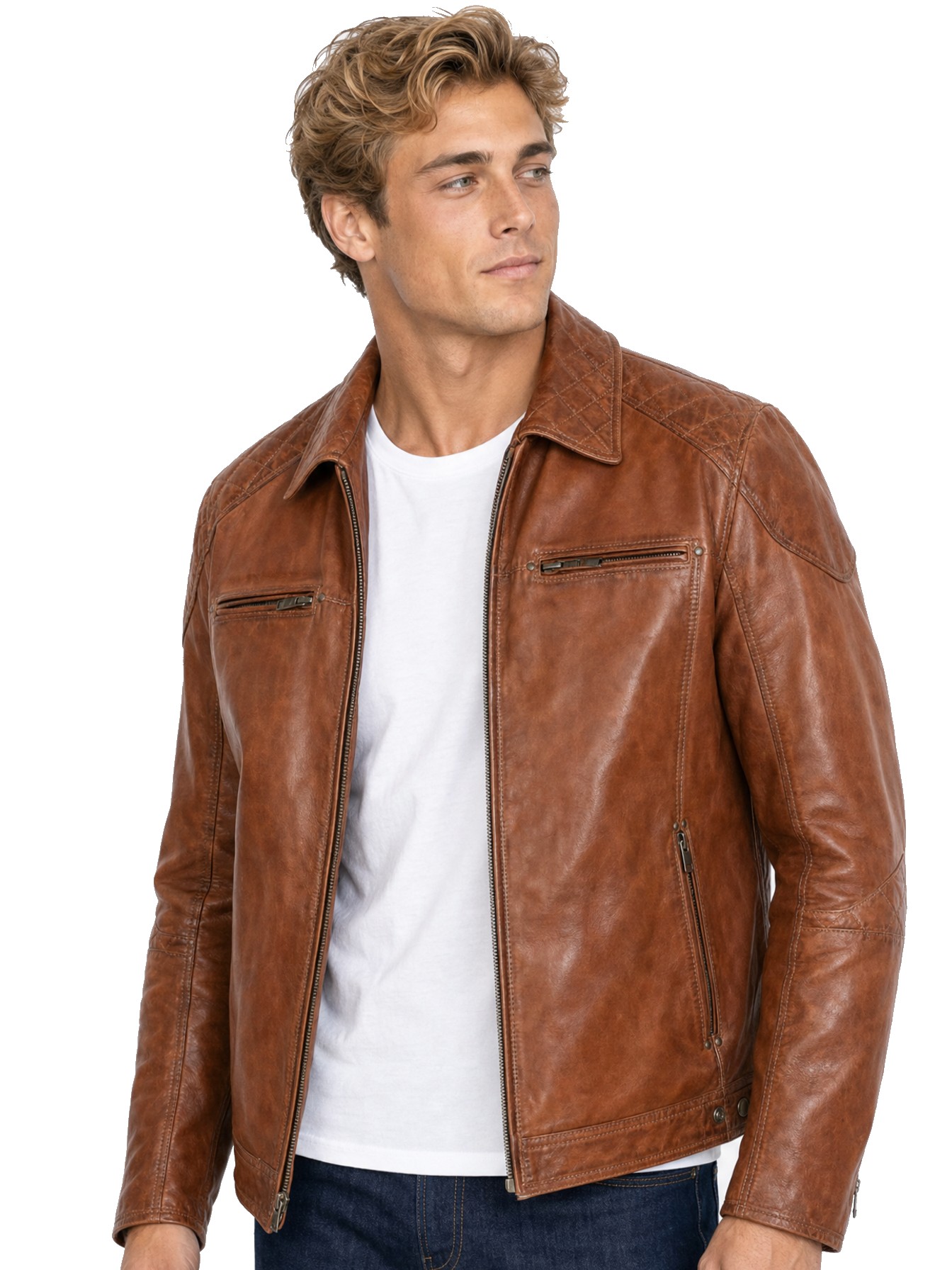 Zip Front Leather Jacket, Brown