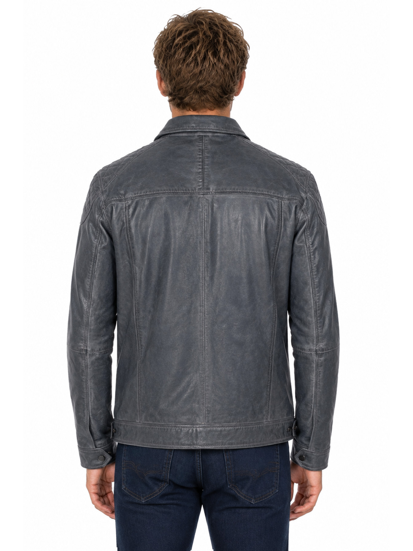 Grey Zip Front Leather Jacket by Scully, back view