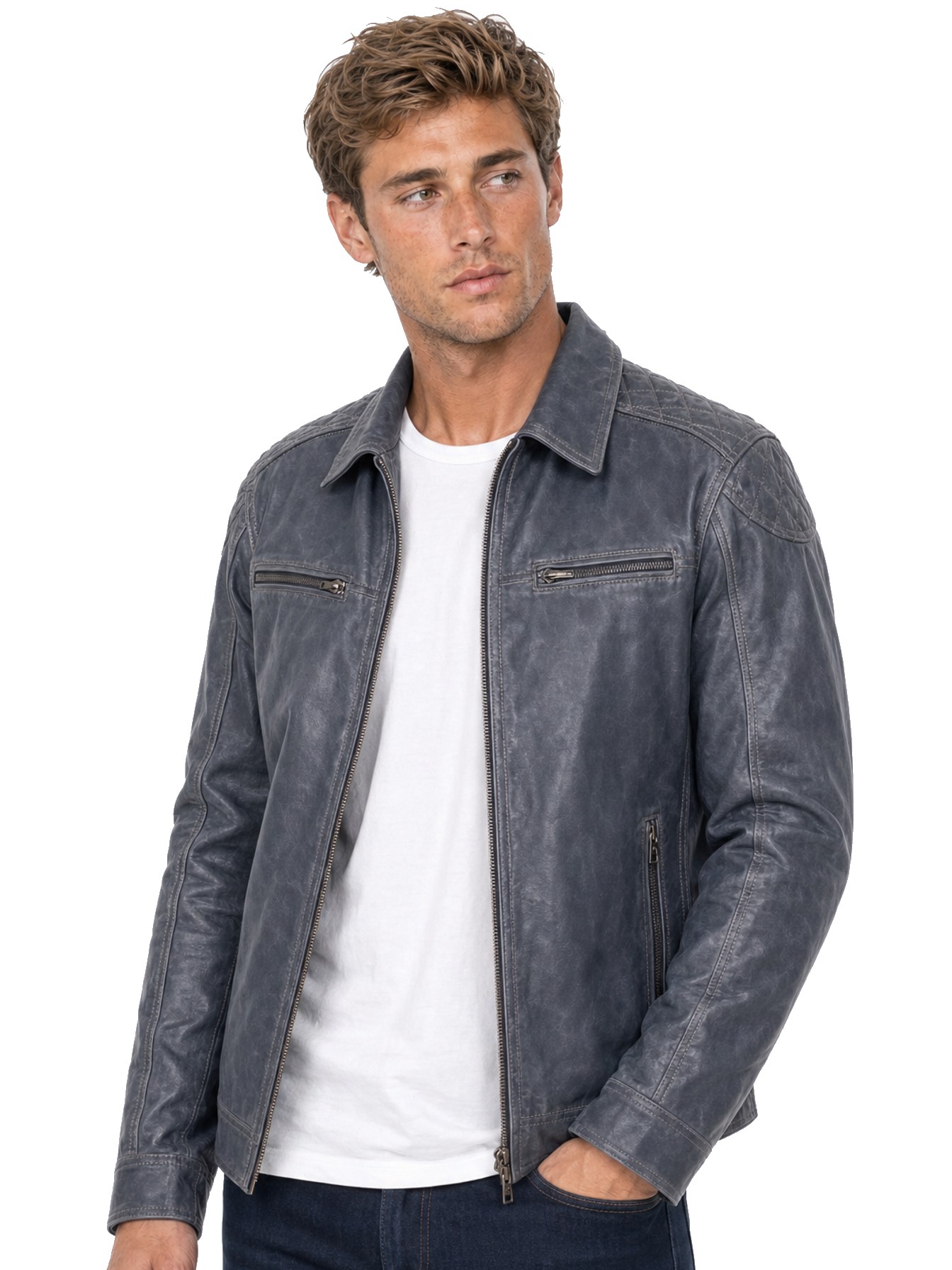Zip Front Leather Jacket, Grey