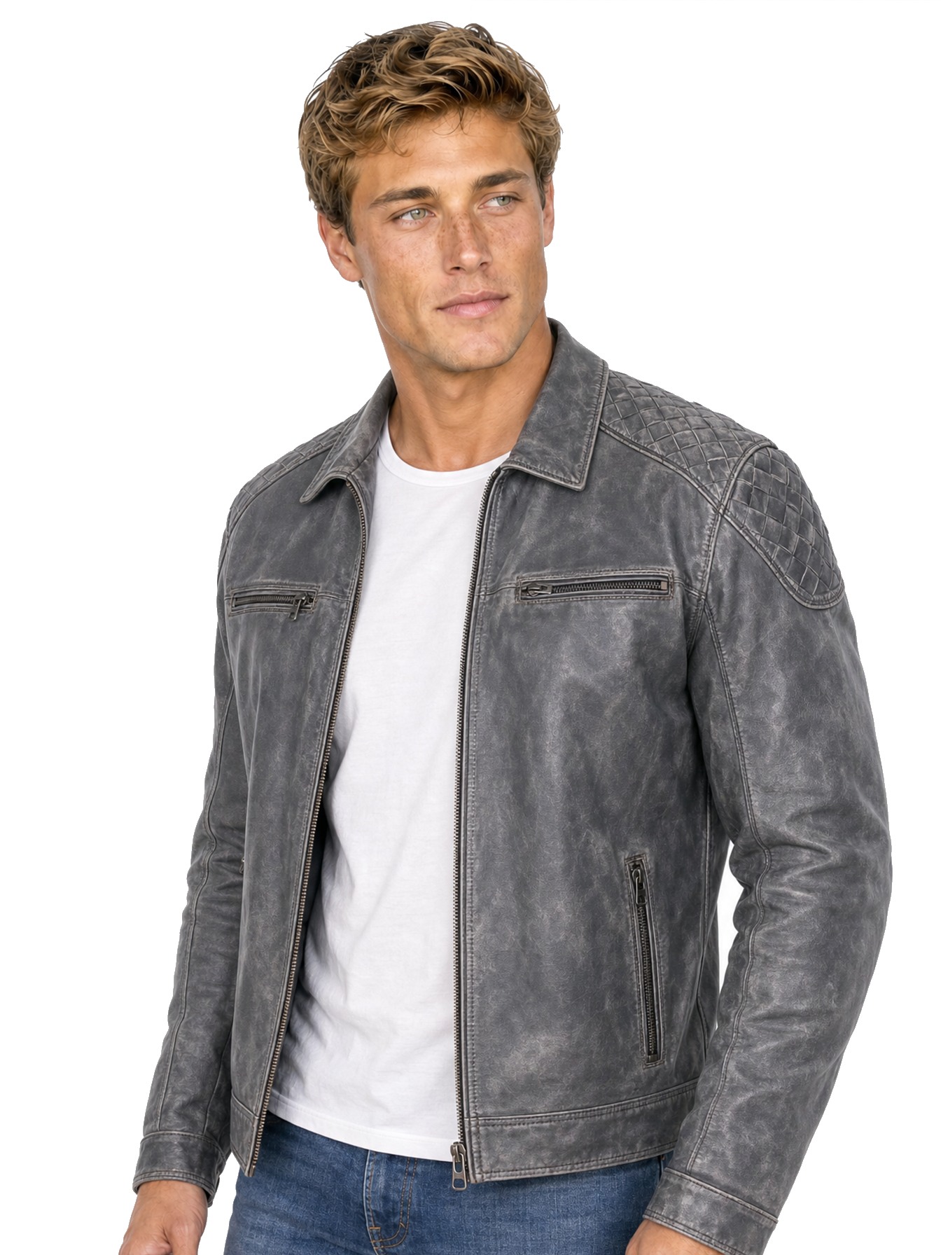 Grey Zip Front Leather Jacket by Scully