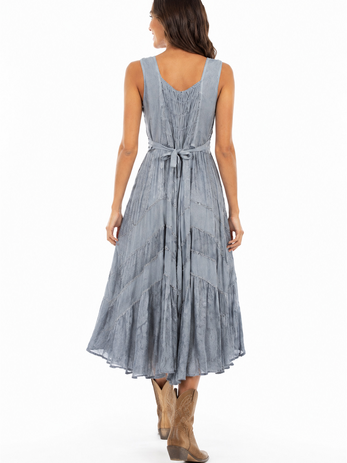 Ash Grey Full Length Lace-Up Front Sleeveless Dress by Scully, back view