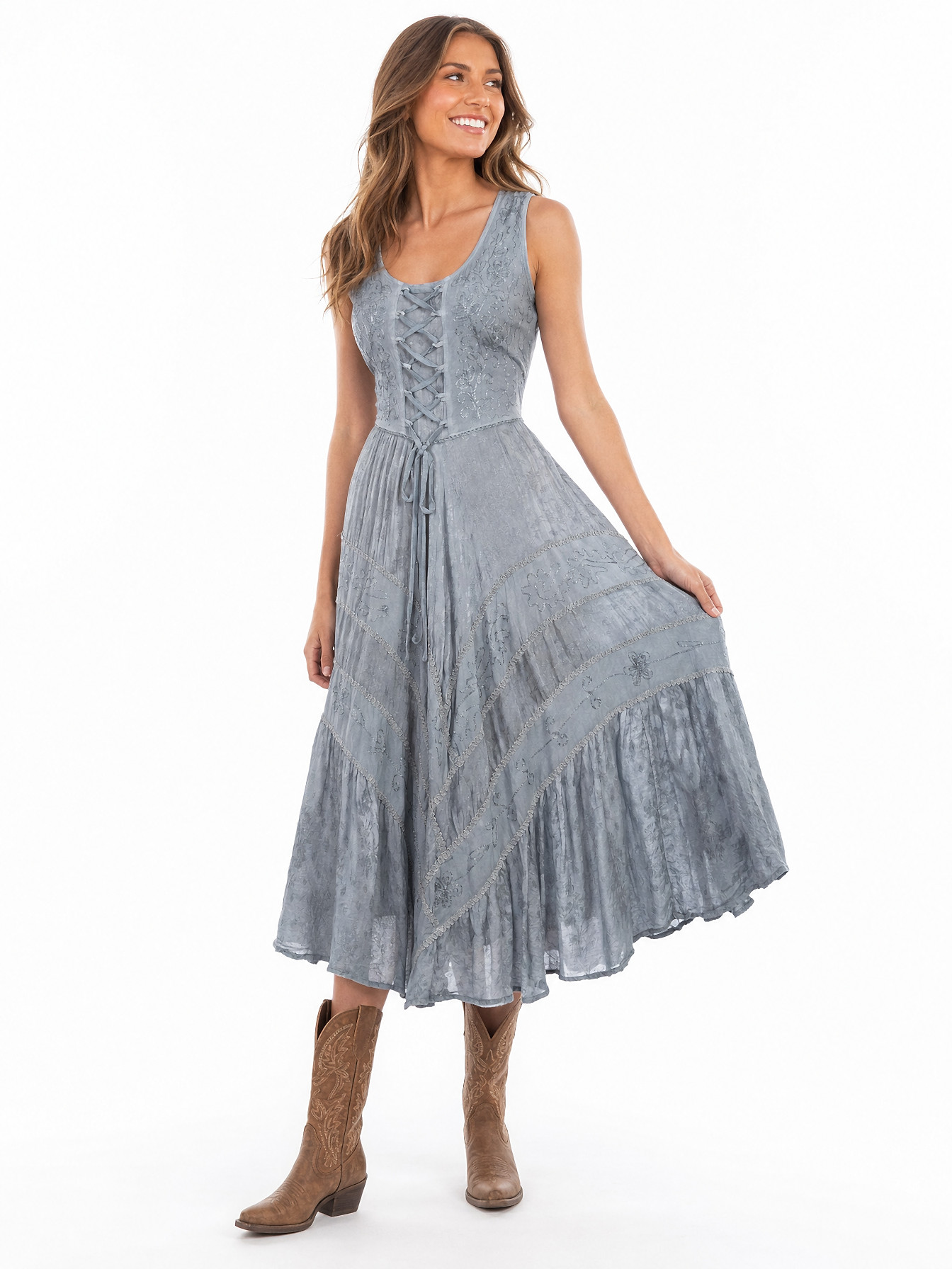 Ash Grey Full Length Lace-Up Front Sleeveless Dress by Scully