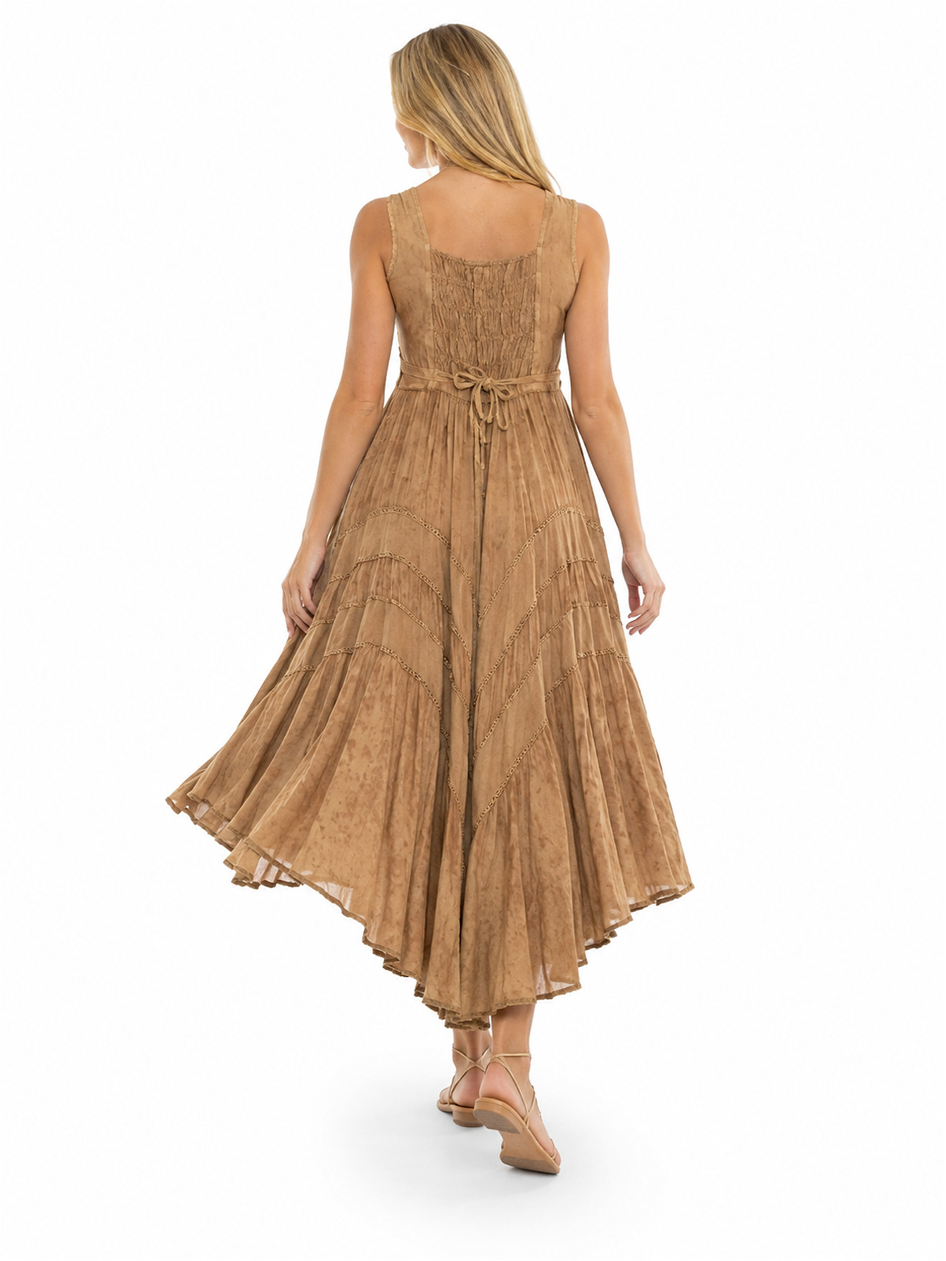 Beige Full Length Lace-Up Front Sleeveless Dress by Scully, back view