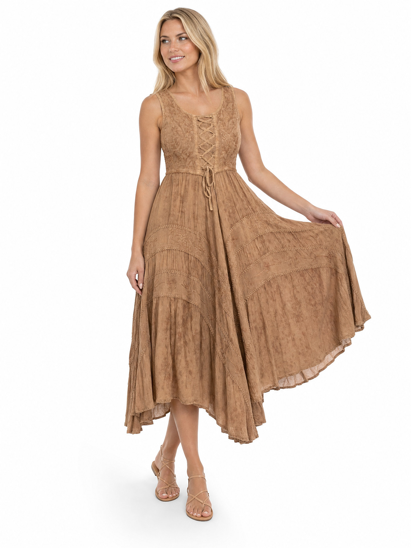 Beige Full Length Lace-Up Front Sleeveless Dress by Scully
