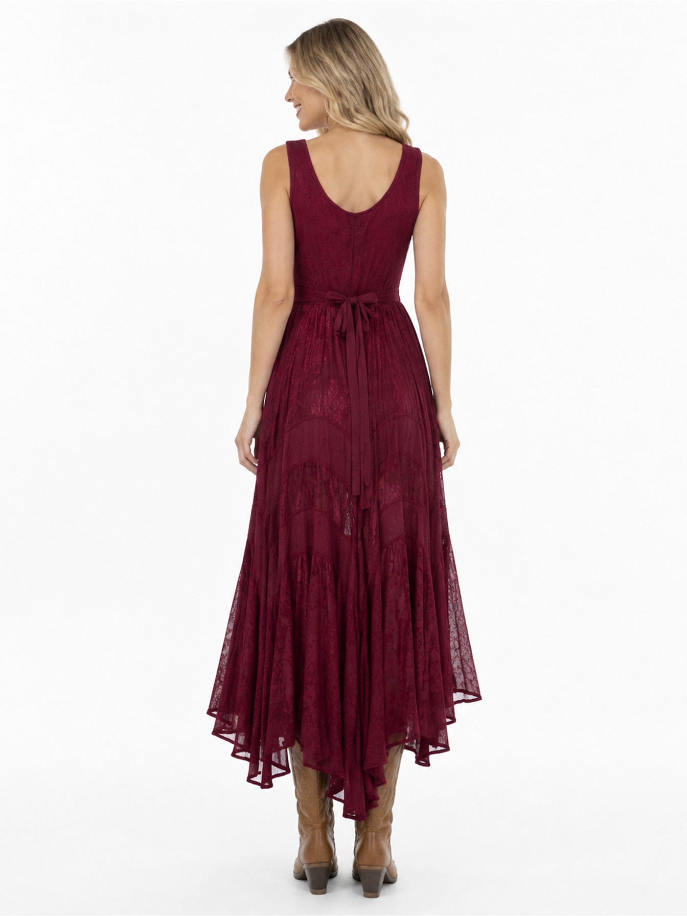 Burgundy Full Length Lace-Up Front Sleeveless Dress by Scully, back view