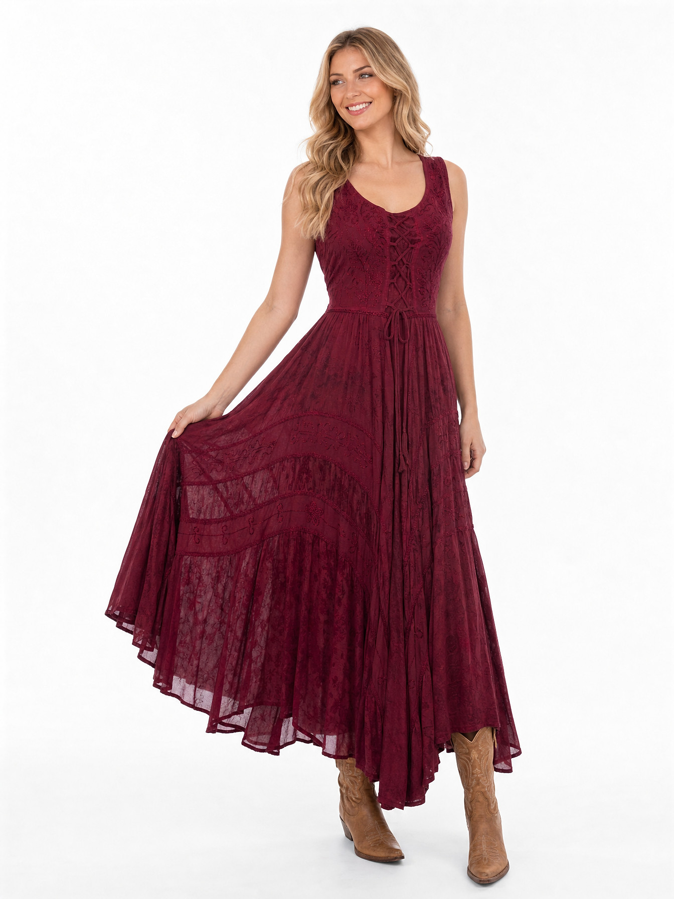 Burgundy Full Length Lace-Up Front Sleeveless Dress by Scully